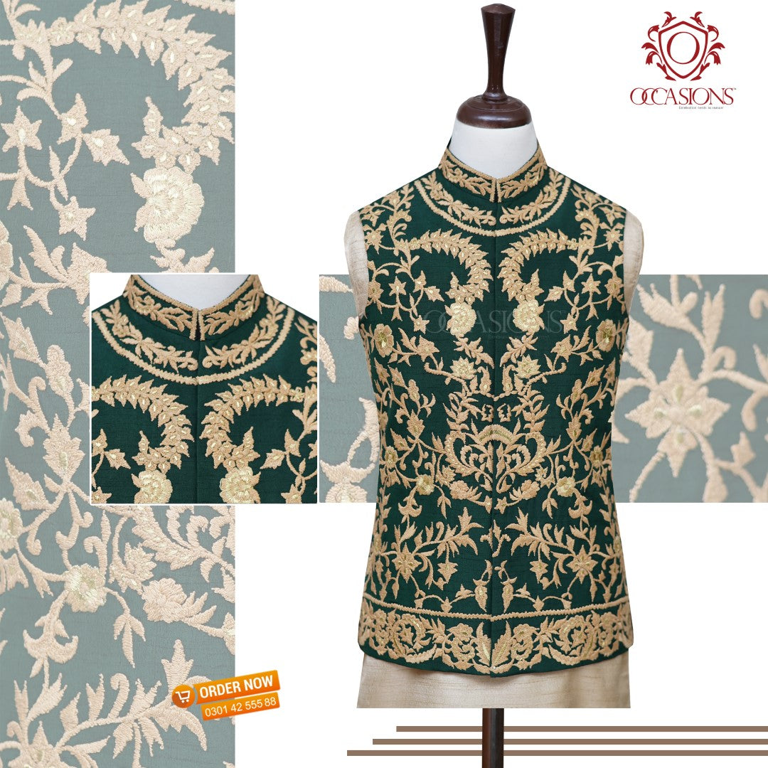 Bottle Green and Gold Waist Coat Bottle Green