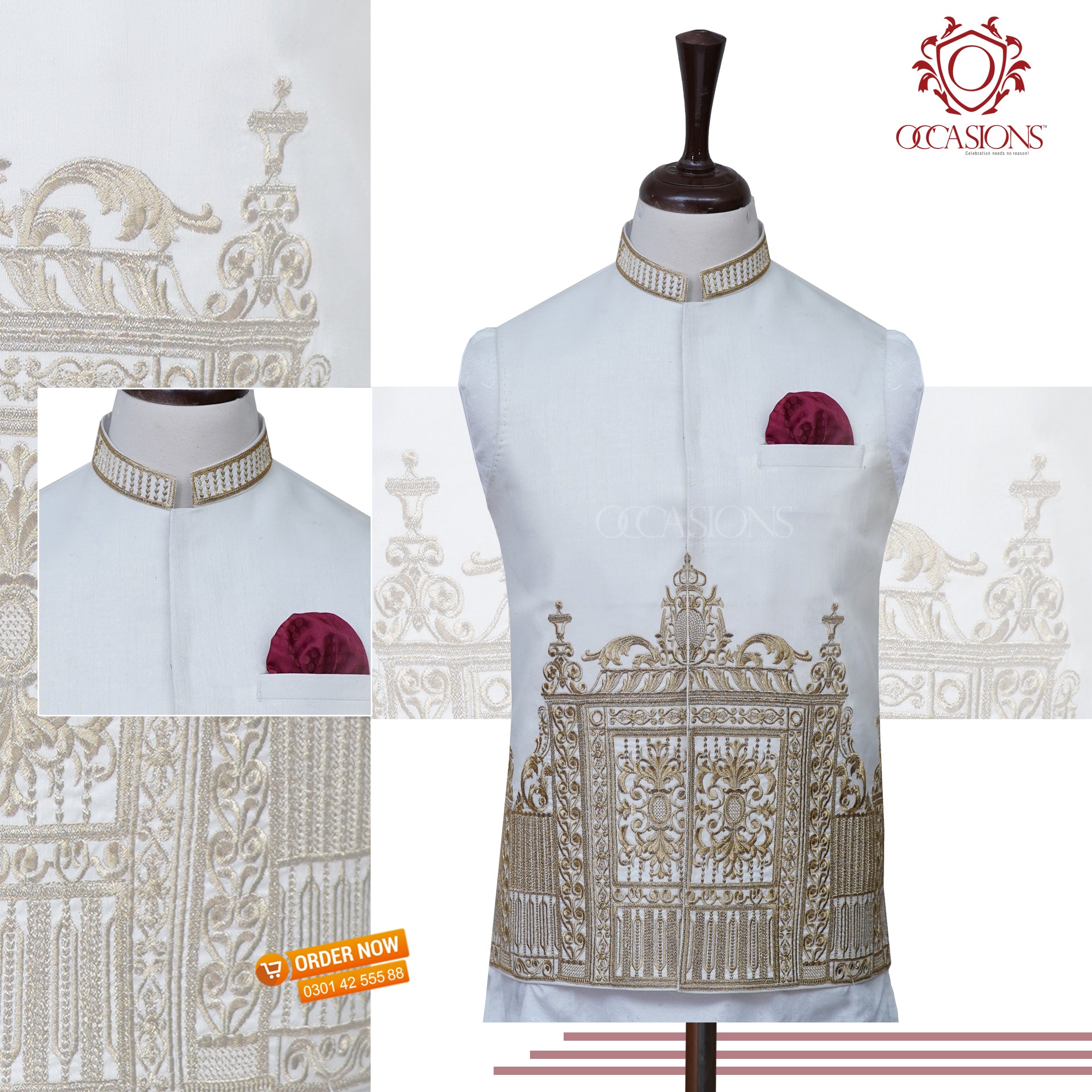 Designer Iconic White Golden Waist Coat White