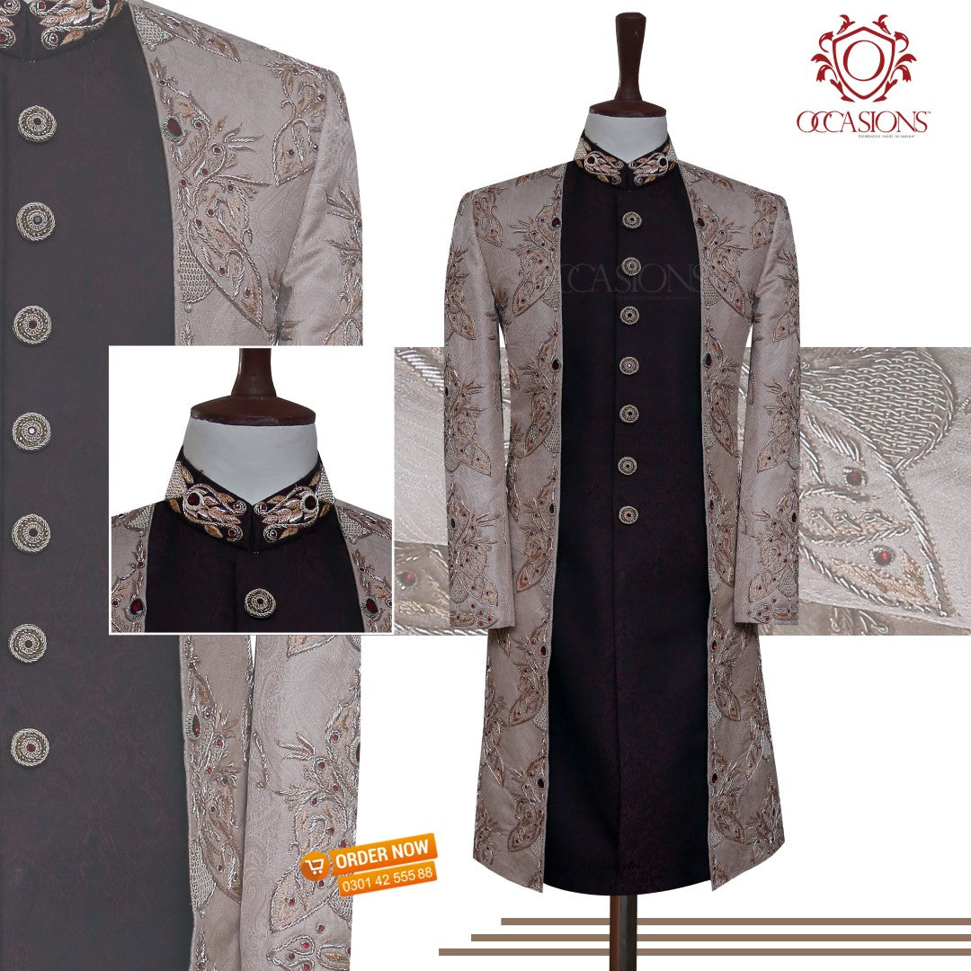 Luxury Antique Gown Style Sherwani Maroon and Gold