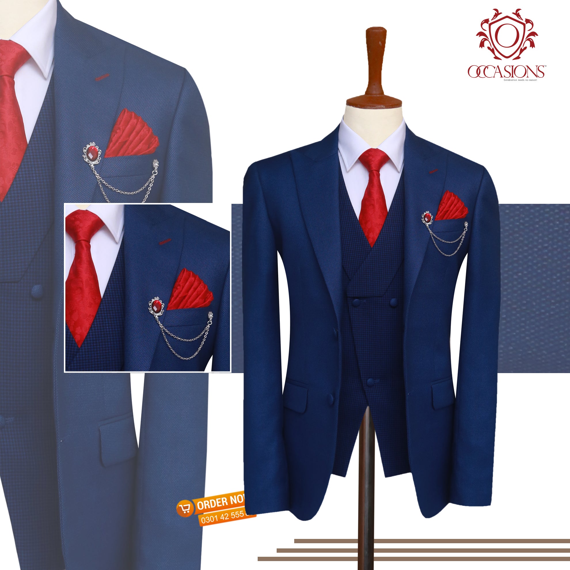 Bright Blue Textured Three Piece Suit