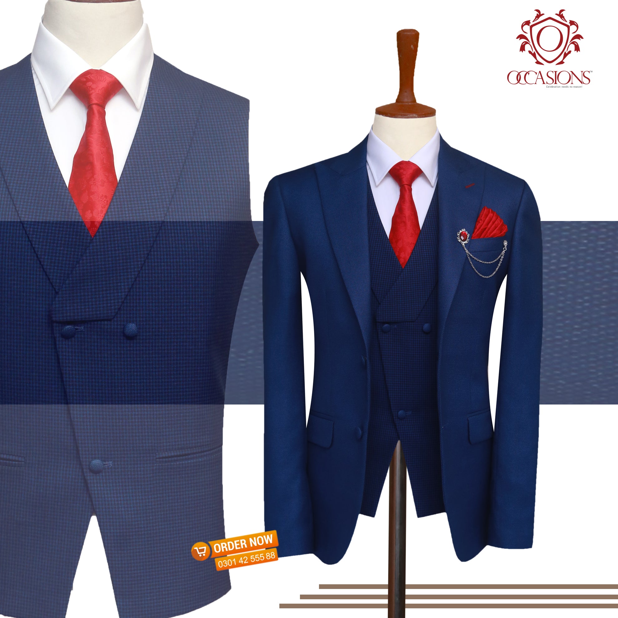 Bright Blue Textured Three Piece Suit