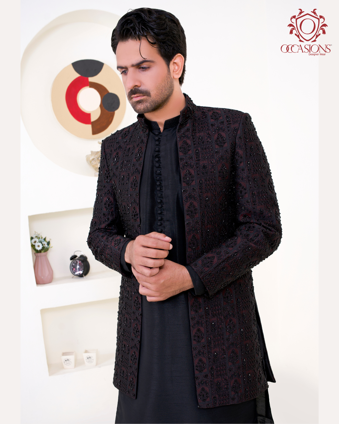 Embossed Maroonish Black Open Gown