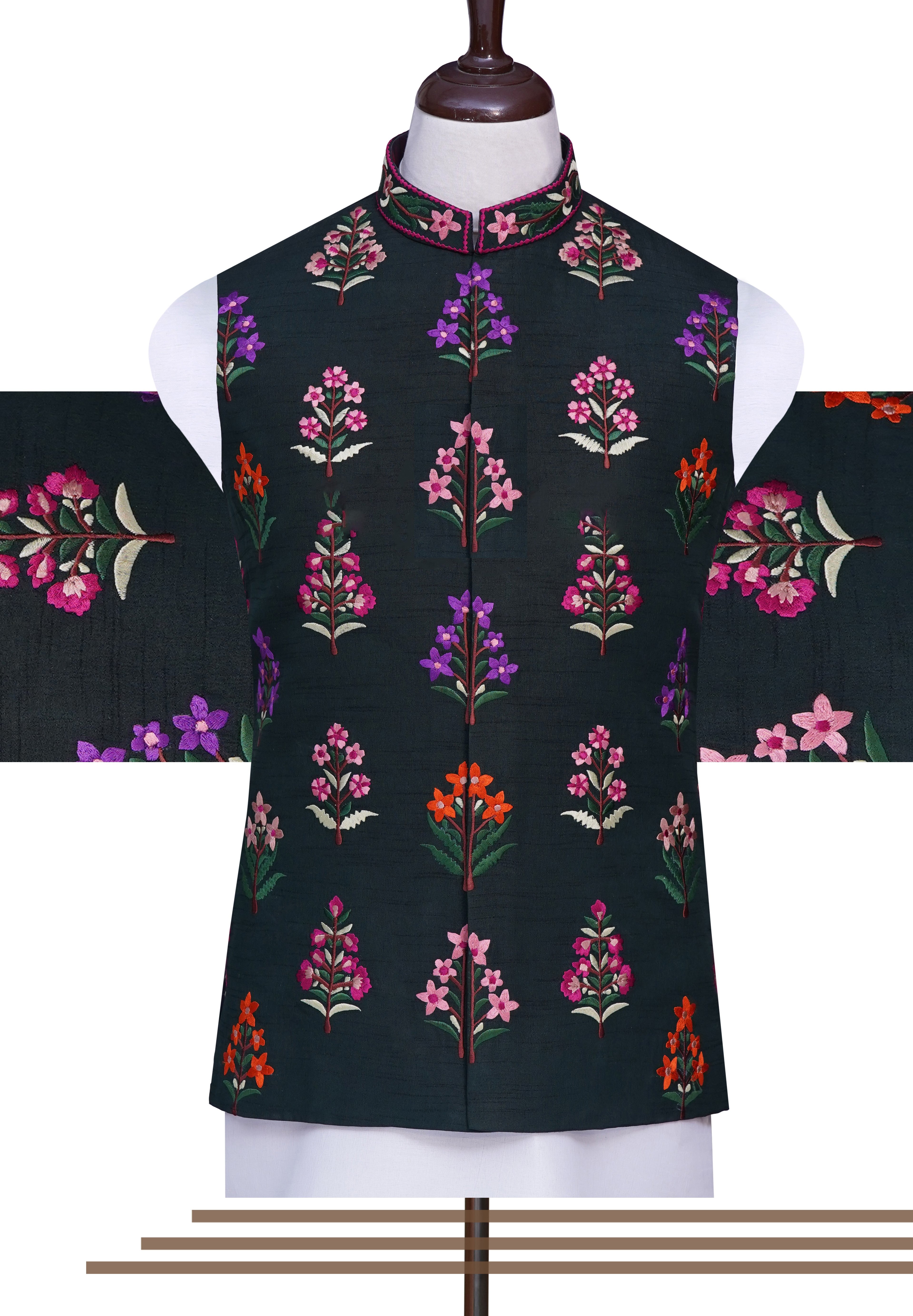 Green Multicolor Flower Waist Coat Bottle Green