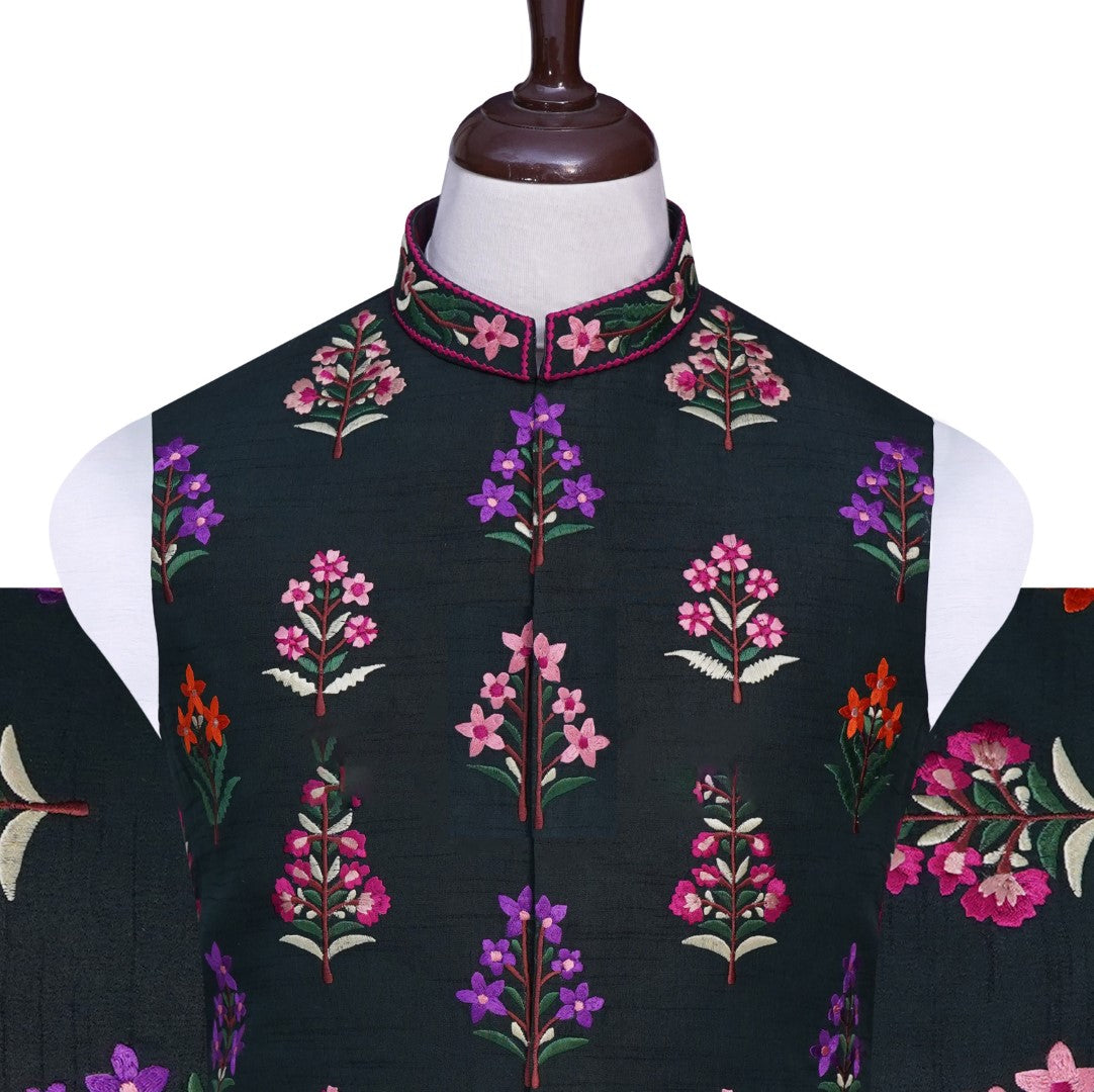 Green Multicolor Flower Waist Coat Bottle Green