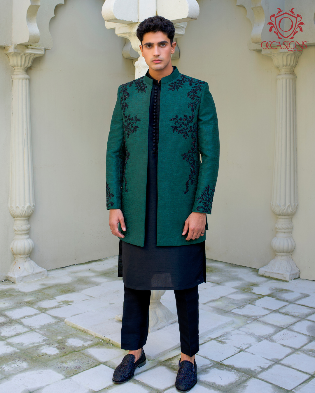 Bottle Green Black Embelished Open Gown