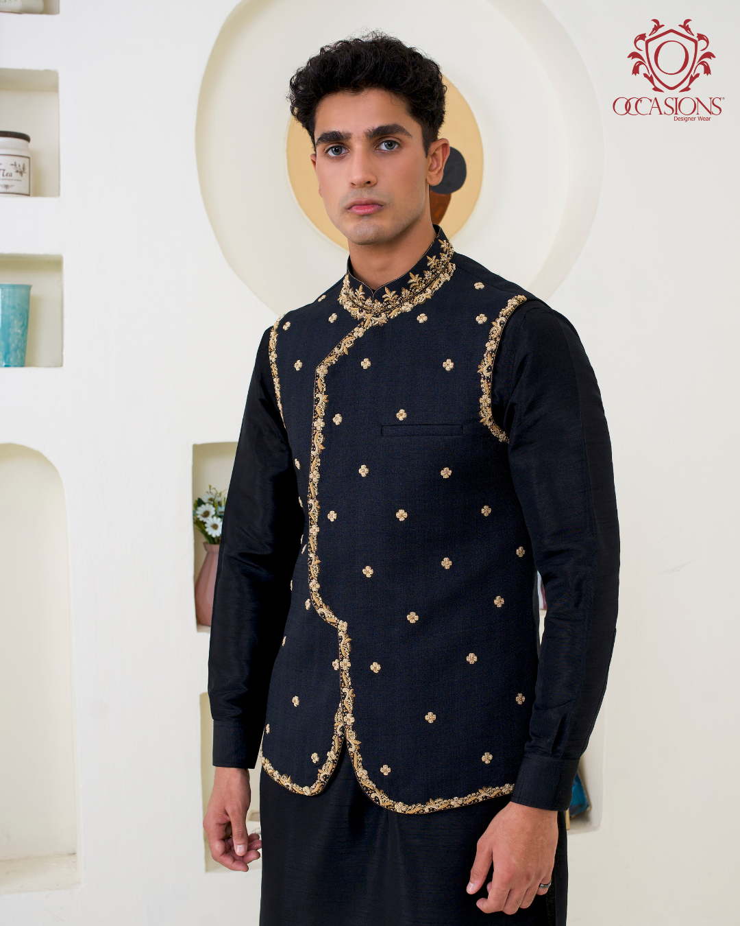 Embossed Black Gold Embelished Waistcoat