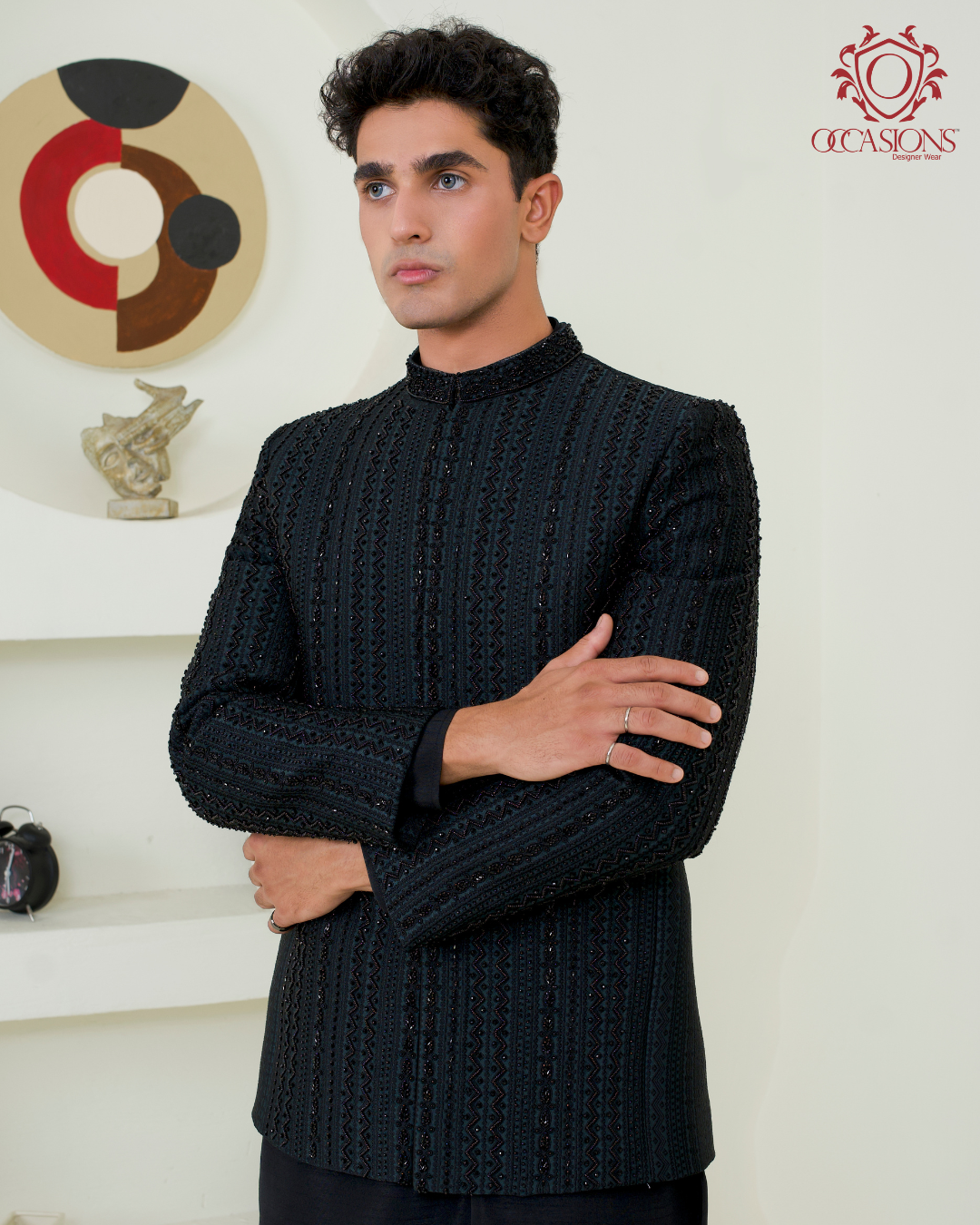 Embossed Greenish Black Prince Coat