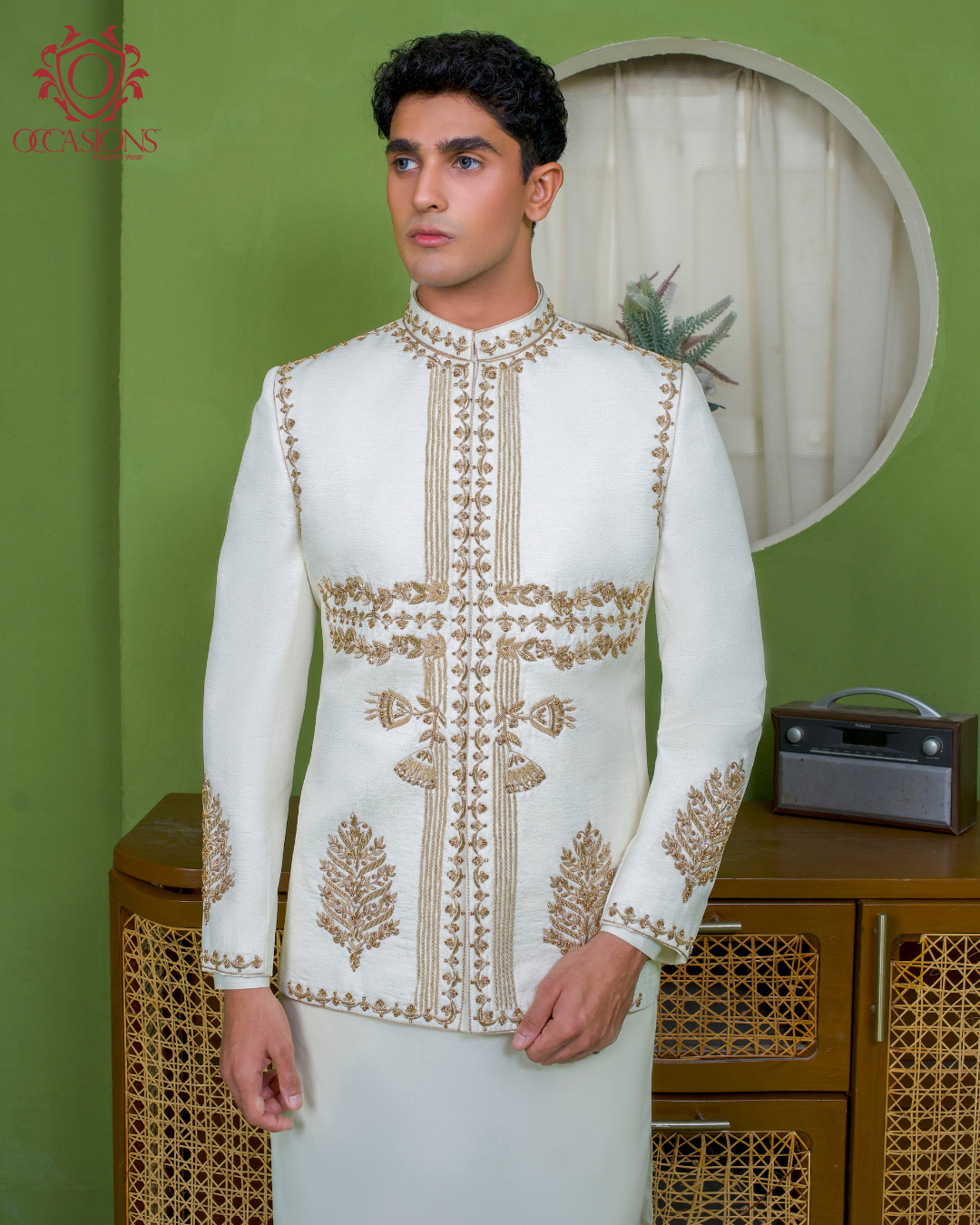 Ivory White Golden Embelished Prince Coat