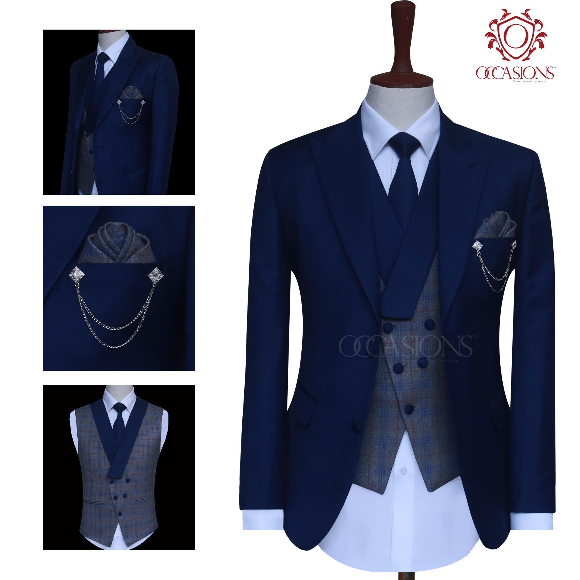 Luxury 3 Piece Blue Suit Contrast Grey