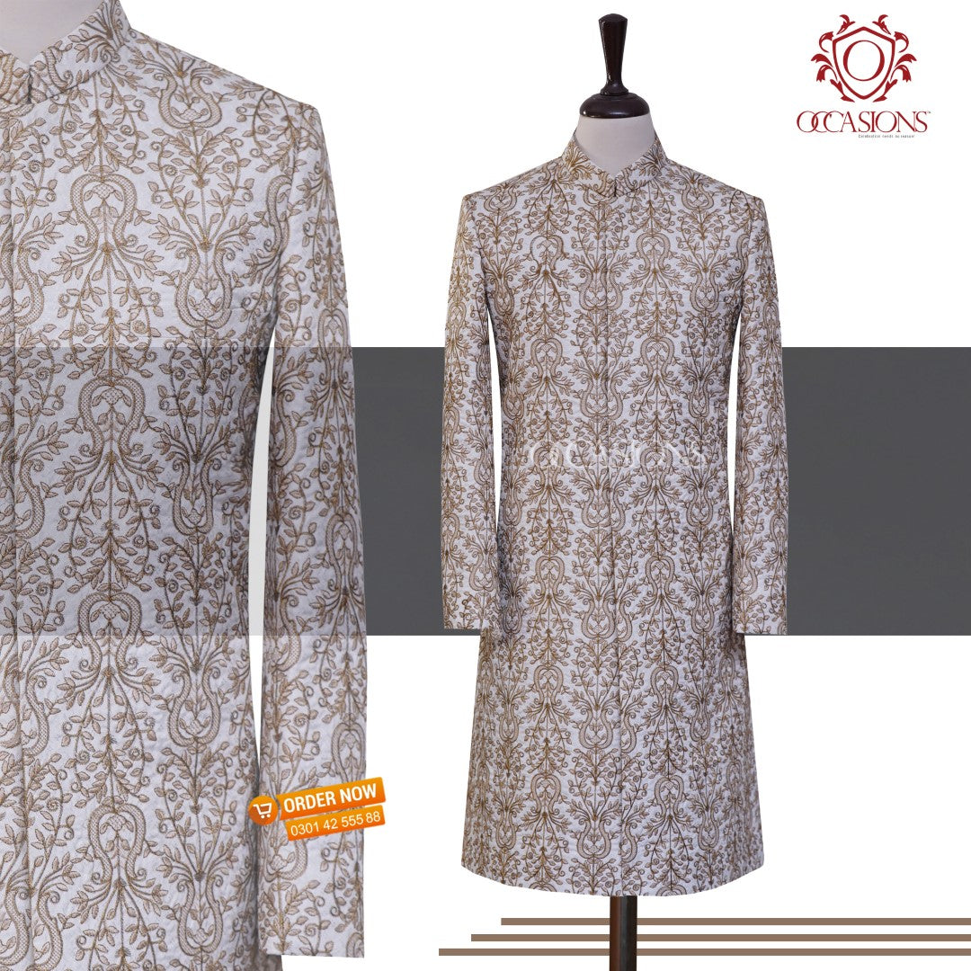 Embroidered Ivory White Golden Sherwani White Golden