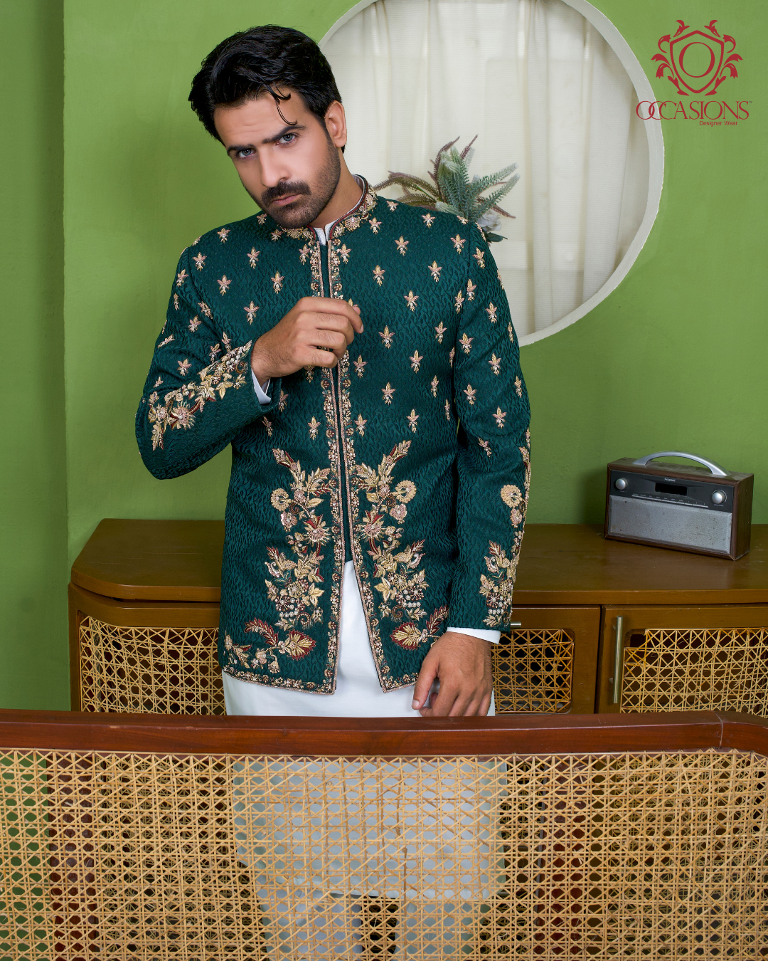 Dark Green Golden Embelished Prince Coat