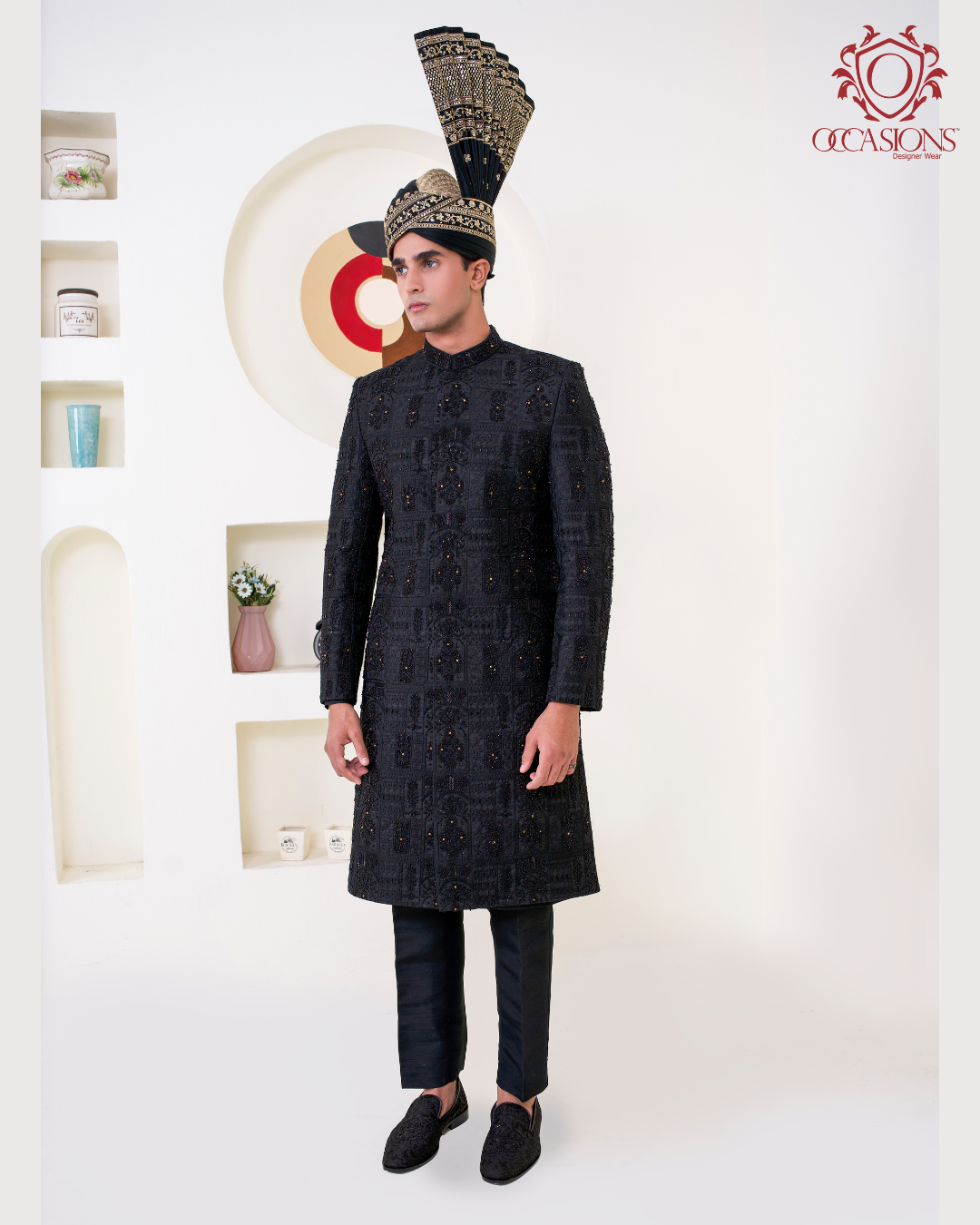 Black Antique Design Cage Sherwani