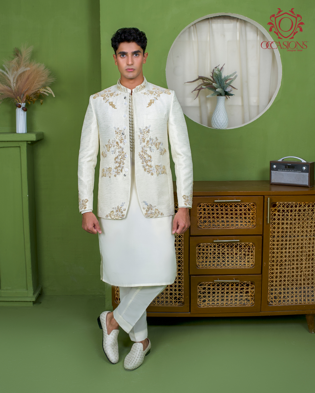 Ivory Offwhite Light Gold Embelished Prince Coat
