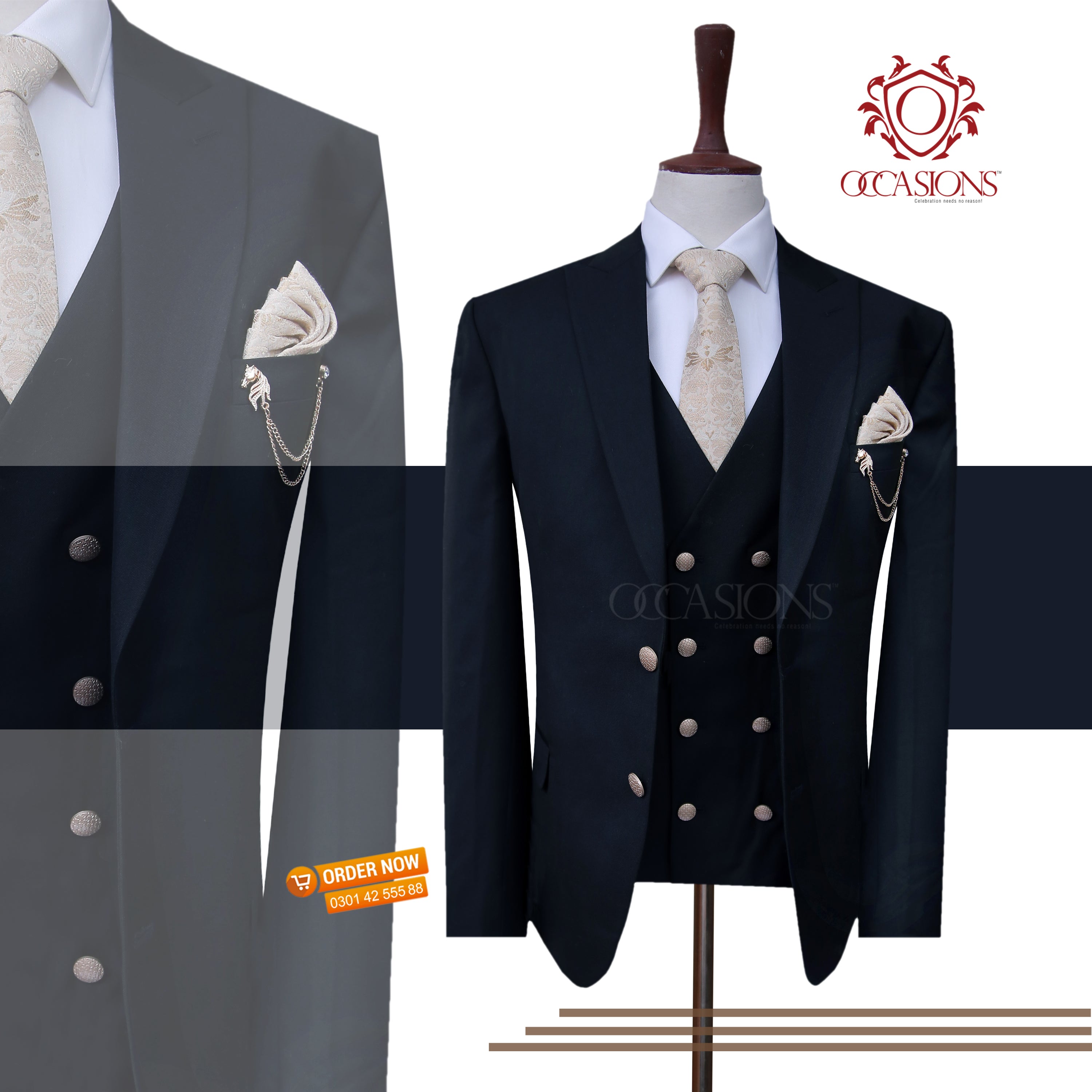 Classic Black 3 Piece Suit with Double Breasted Waistcoat
