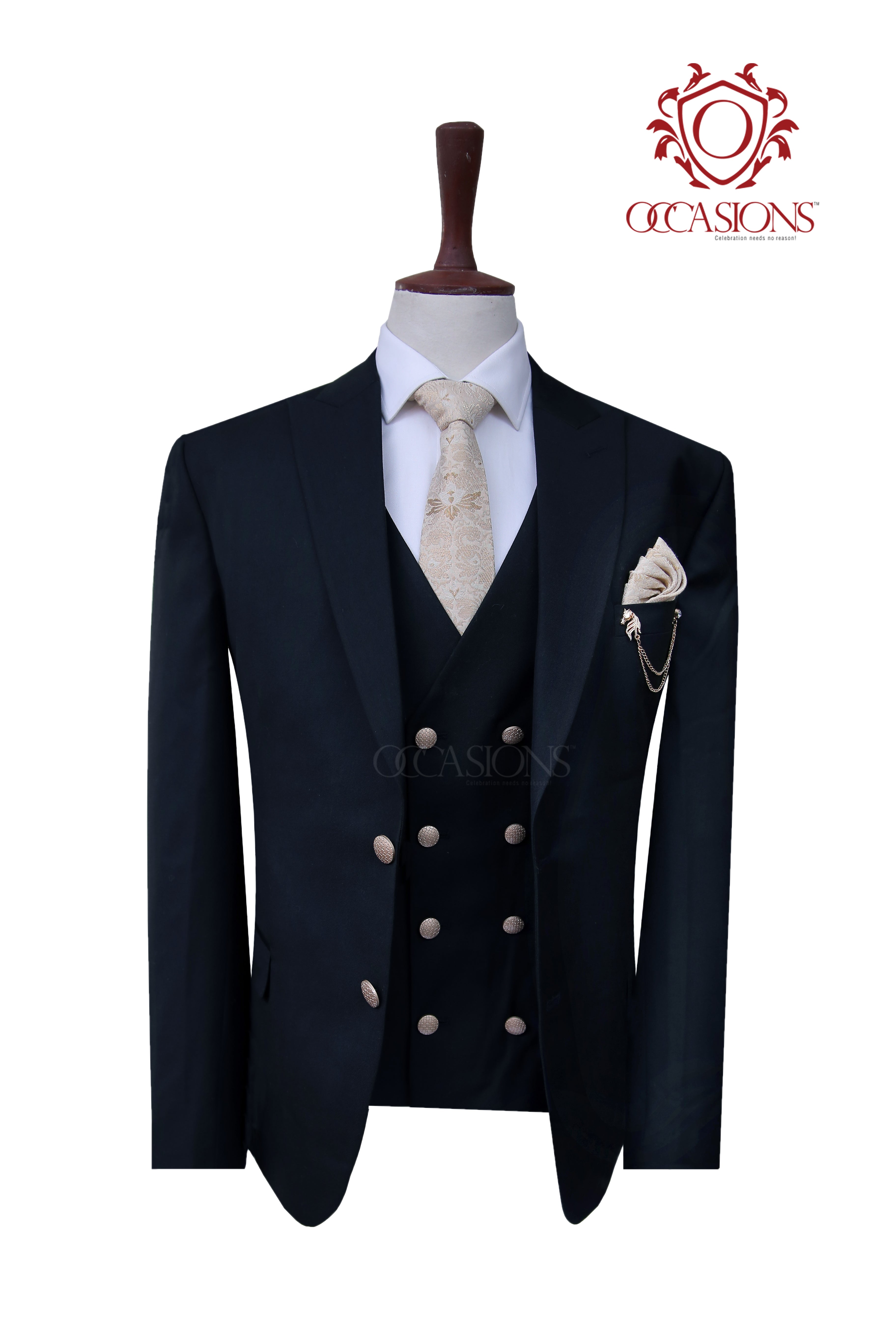Classic Black 3 Piece Suit with Double Breasted Waistcoat