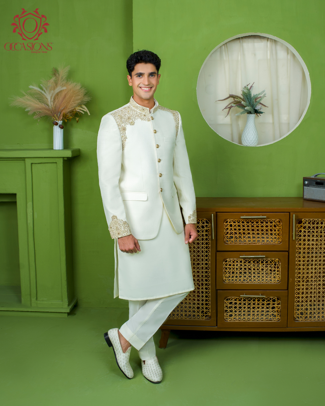 Ivory Rose Gold Soulder Work Prince Coat