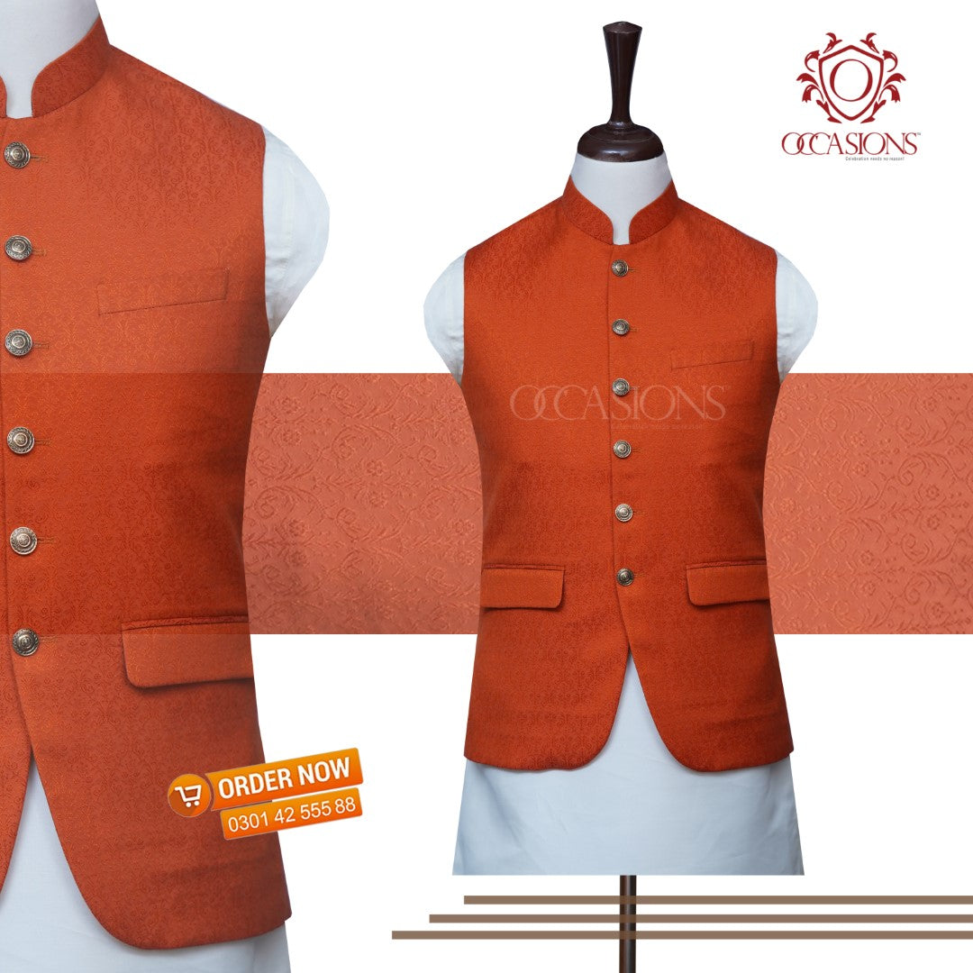 International Orange Self Design Waistcoat Orange