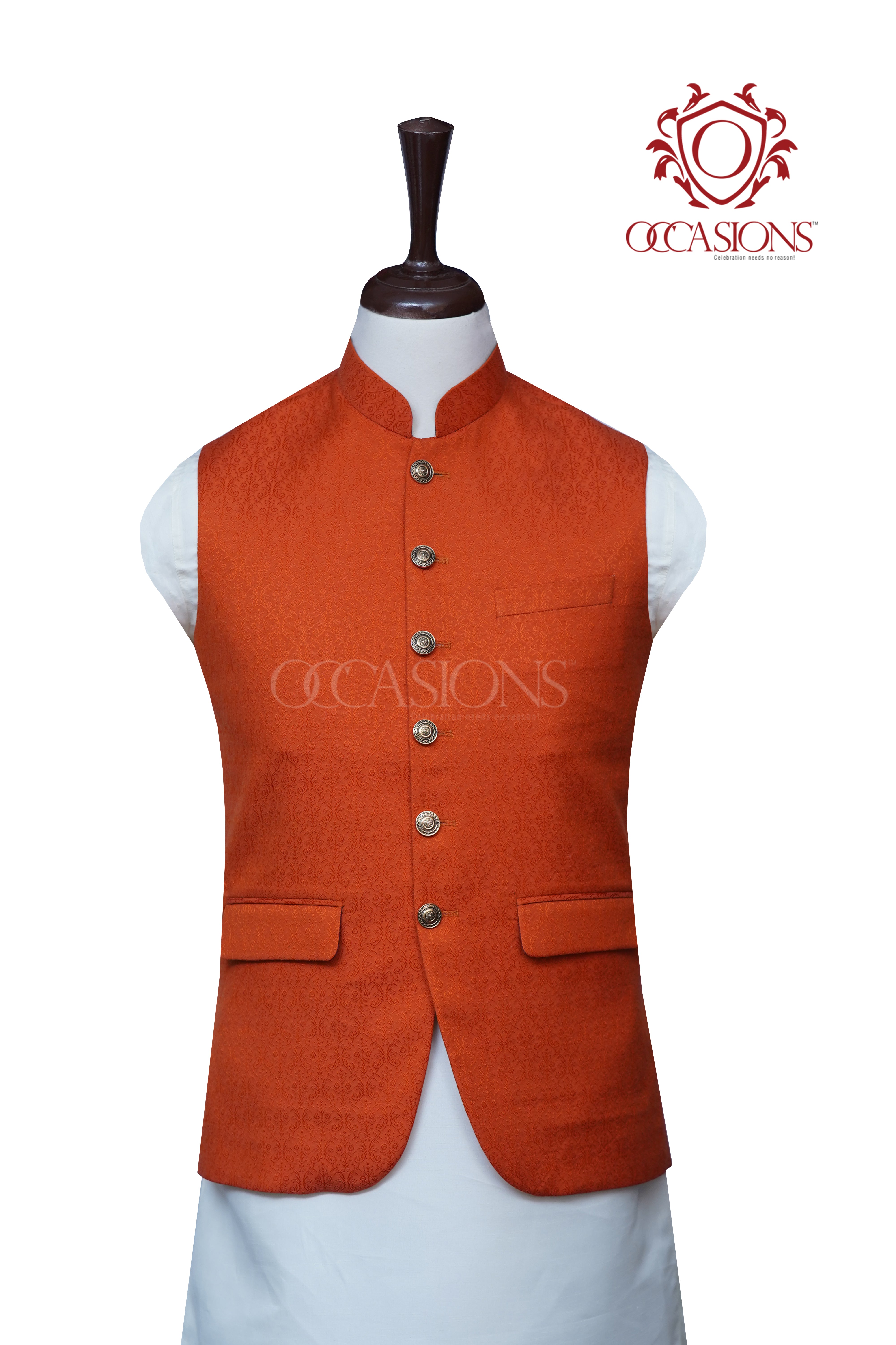International Orange Self Design Waistcoat Orange