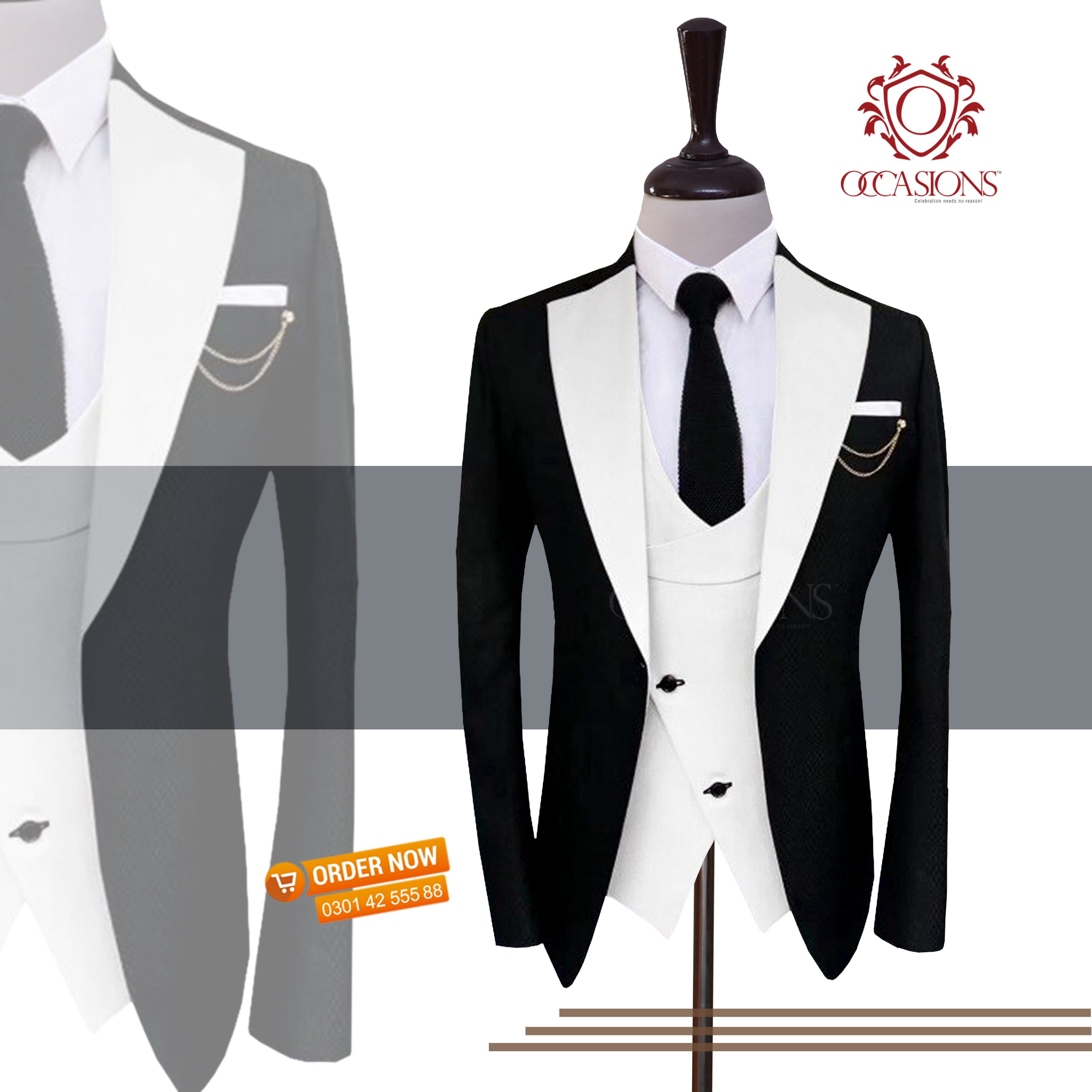 Classic White and Black Three Piece Tuxedo Suit