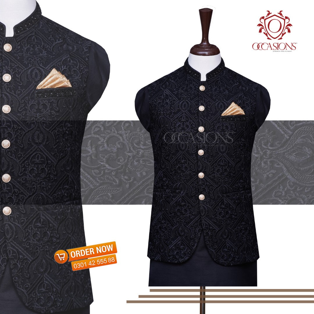 Royal Black EMB Cross Design Waistcoat Black
