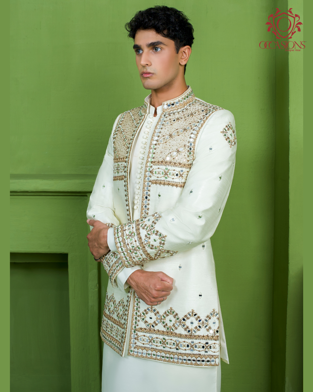 White Mirror Work Open Gown