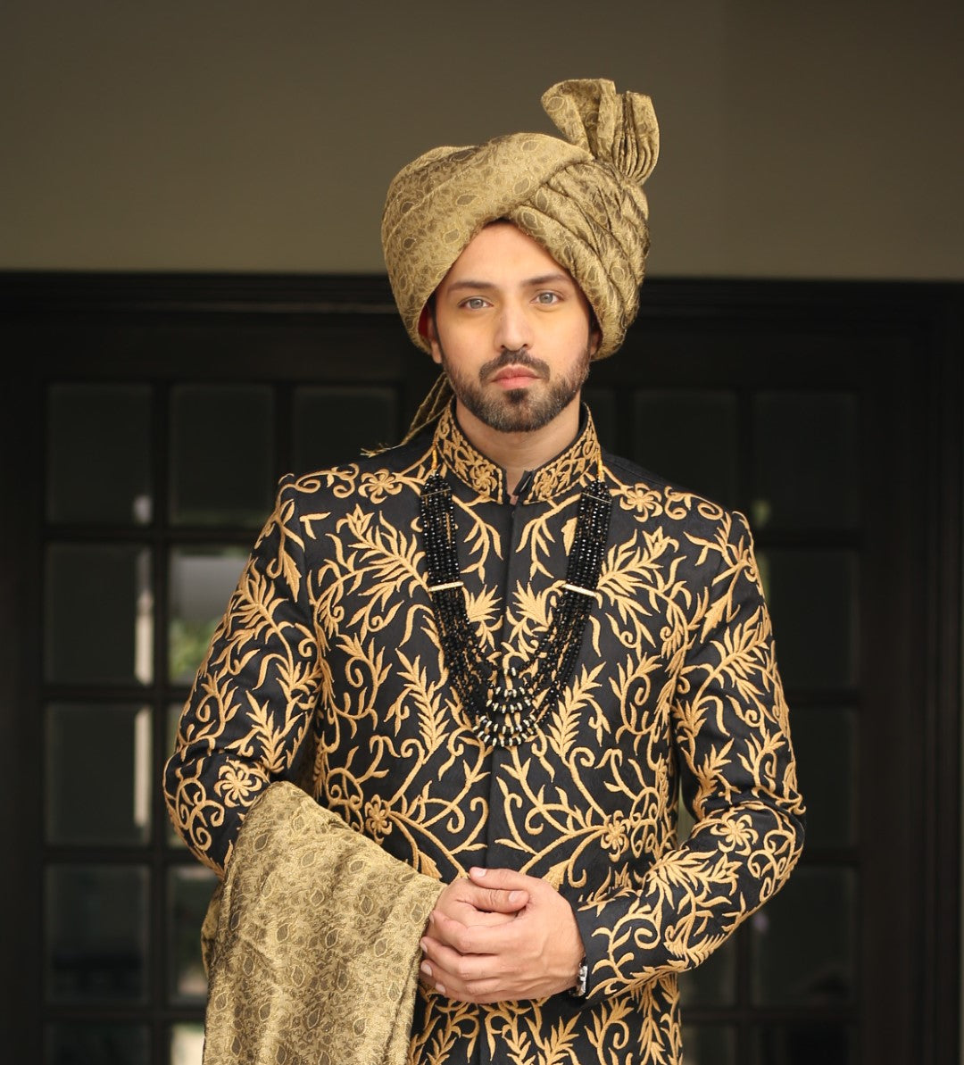 Megnificent Blackish Blue Gold Sherwani	Black n Blue