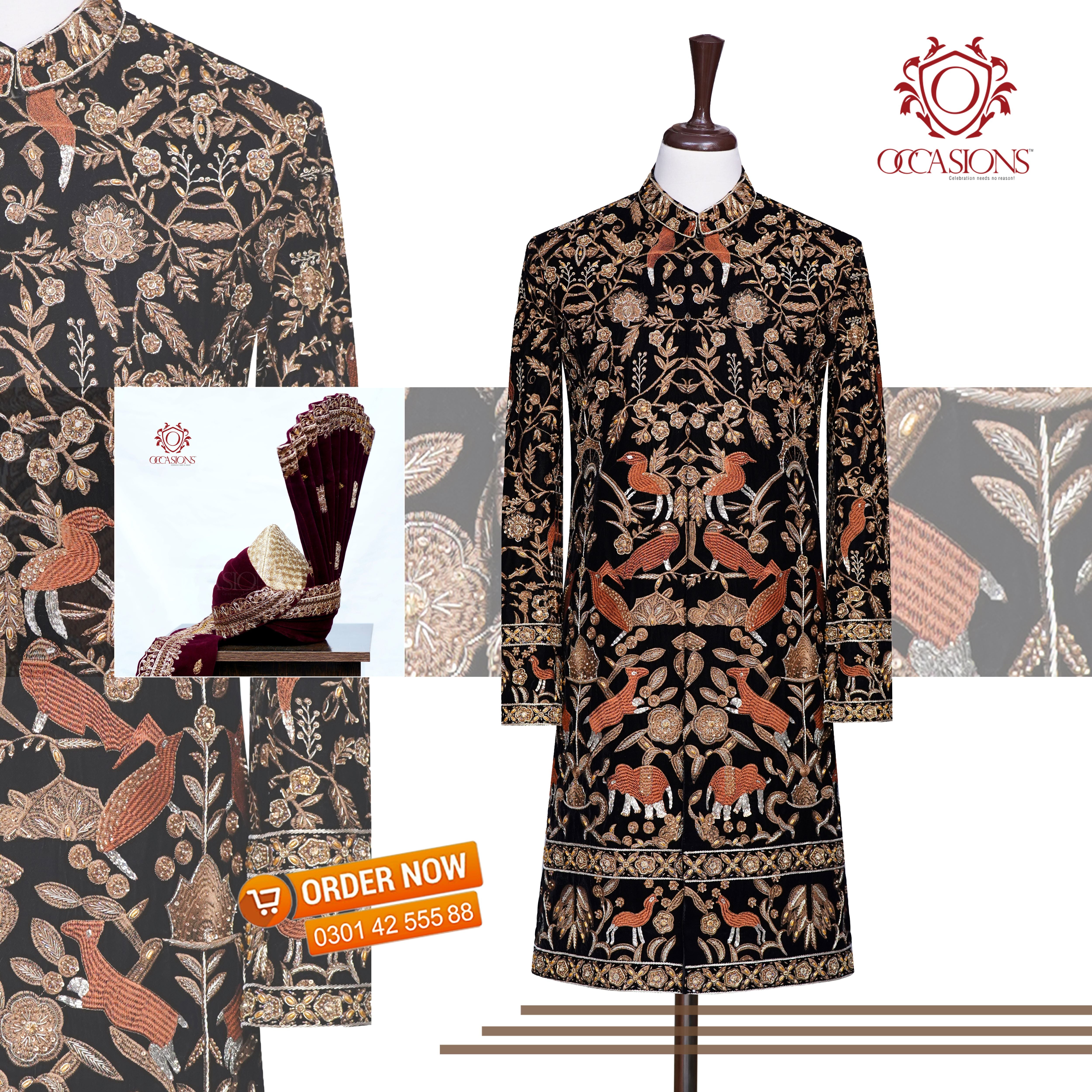 Luxury Antique Groom Sherwani Black & Gold