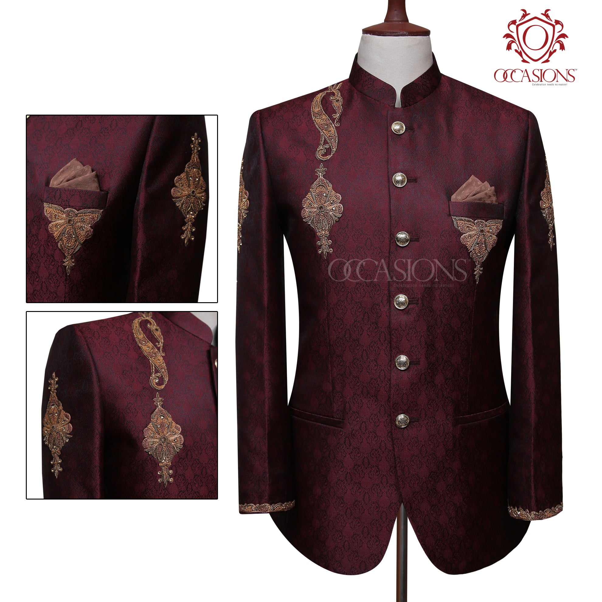 Elegant Maroon Jewel Design Prince Coat Maroon