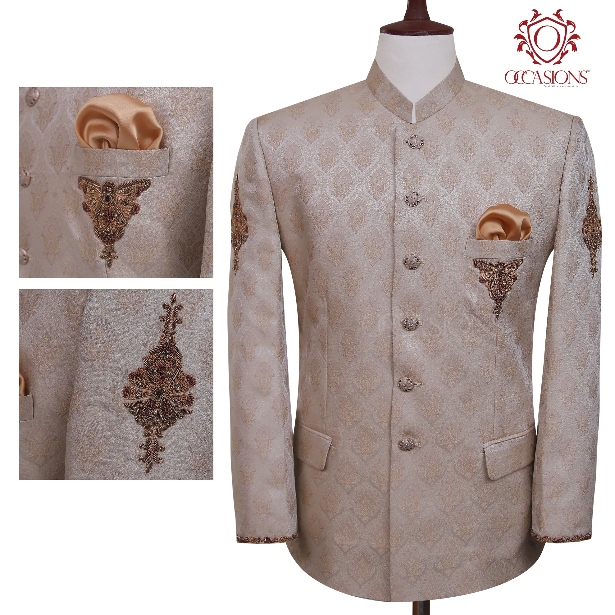 Elegant Fawn Beige Jewel Design Prince Coat Fawn Beige
