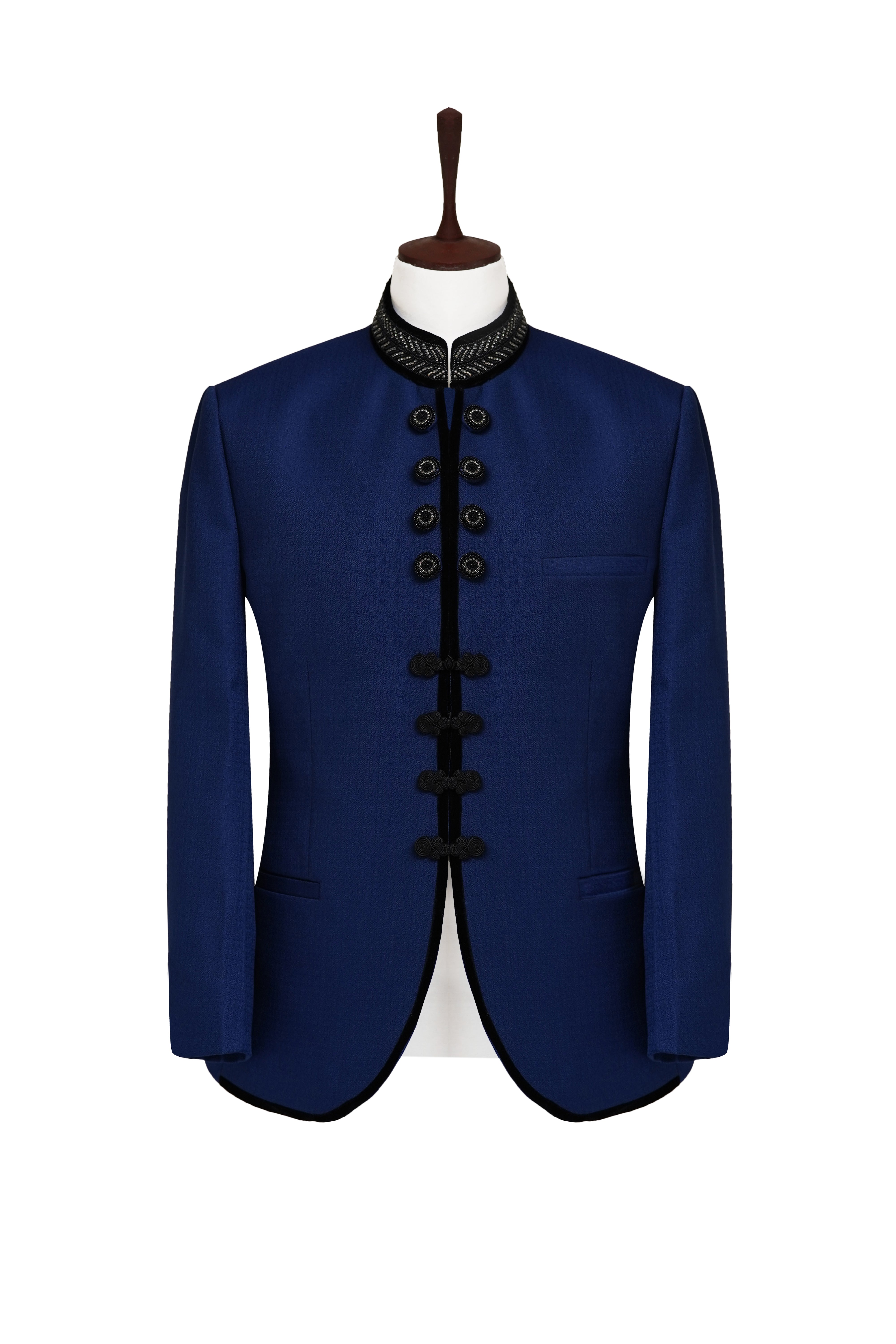 Royal Blue Self Emboss Loops Prince Coat Blue
