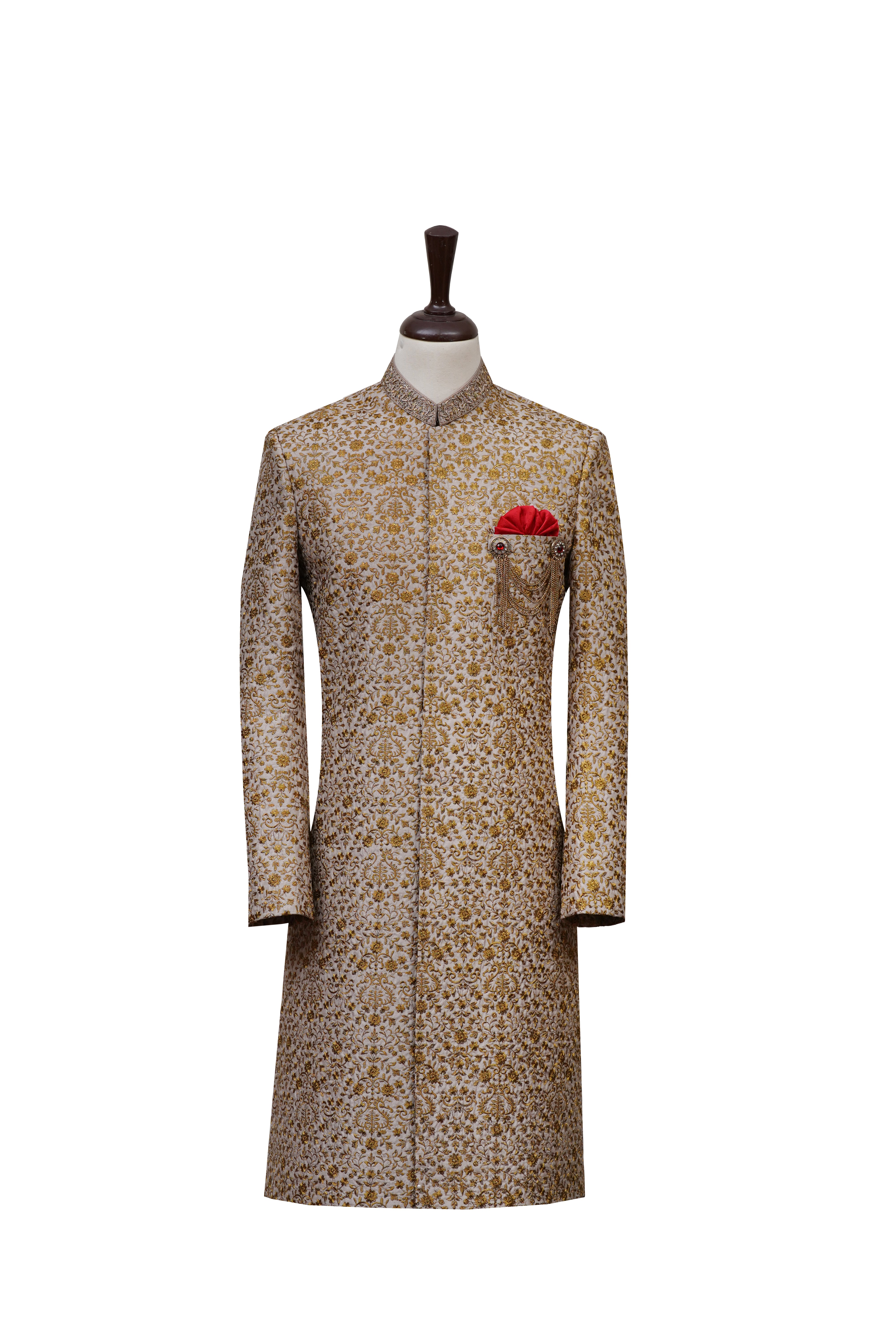 Antique Gold Cheiko Design Sherwani Golden
