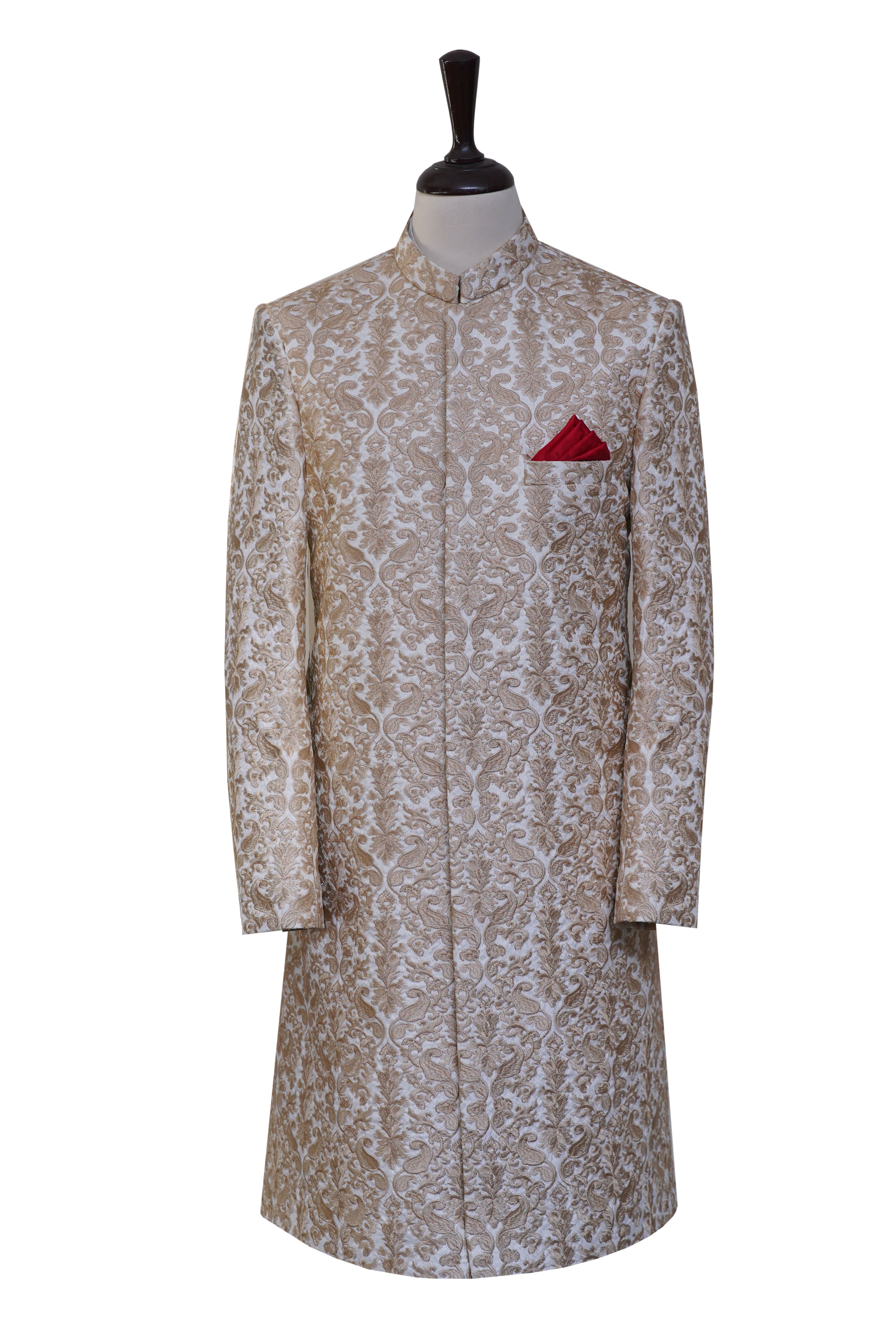 Embroidered White Golden Sherwani White Golden