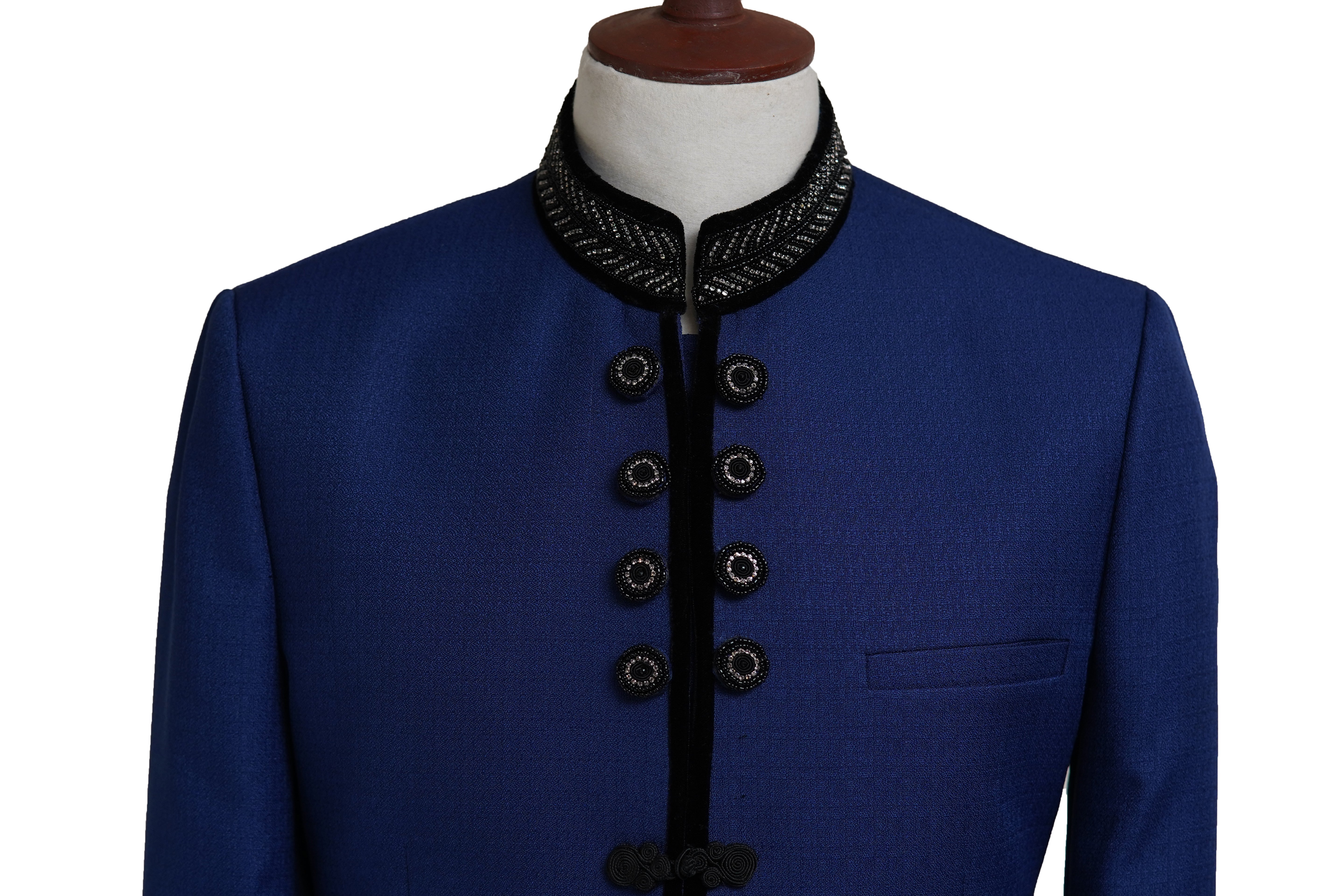 Royal Blue Self Emboss Loops Prince Coat Blue
