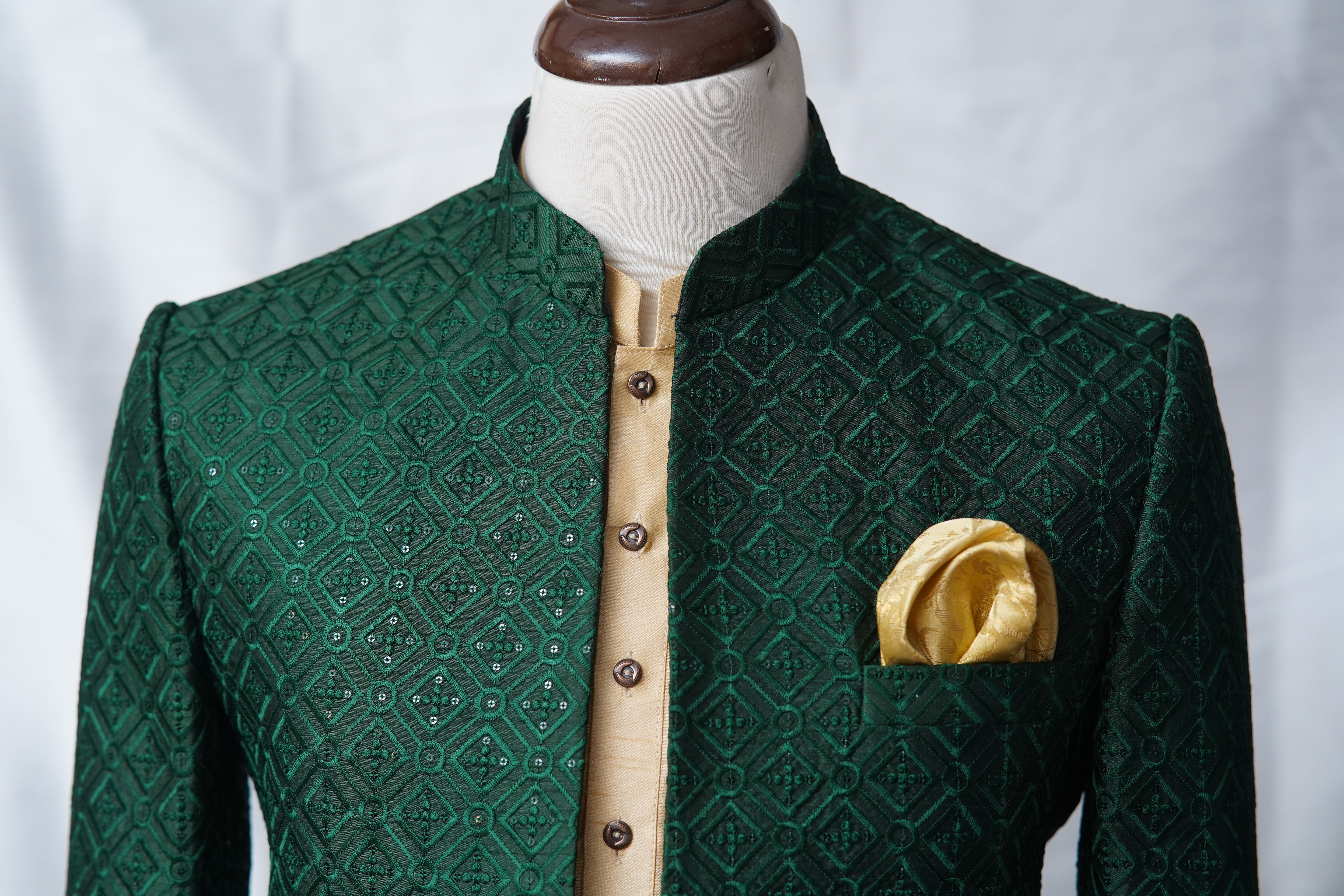 Deep Green Sequin Work Open Gown Prince Coat Green