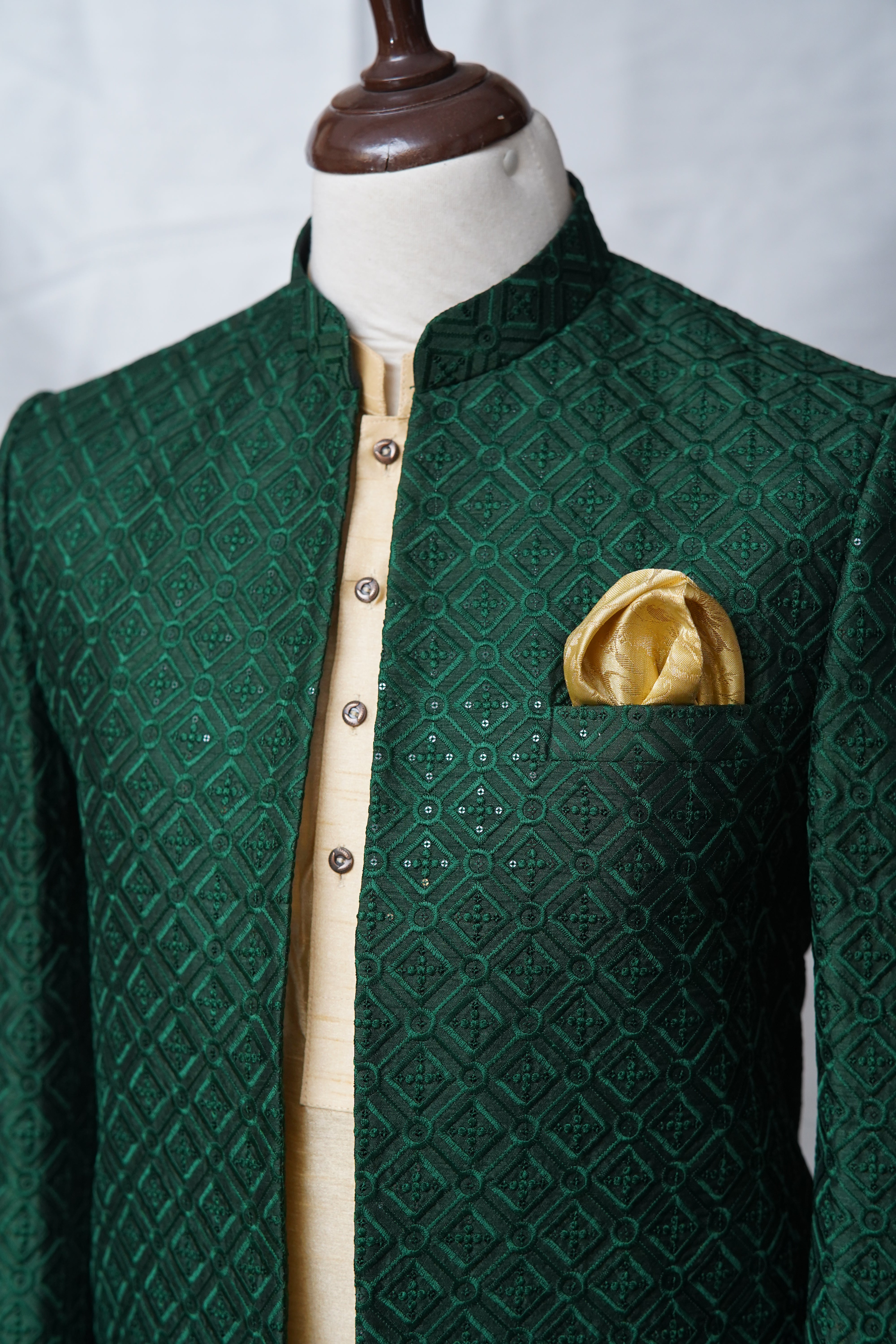 Deep Green Sequin Work Open Gown Prince Coat Green