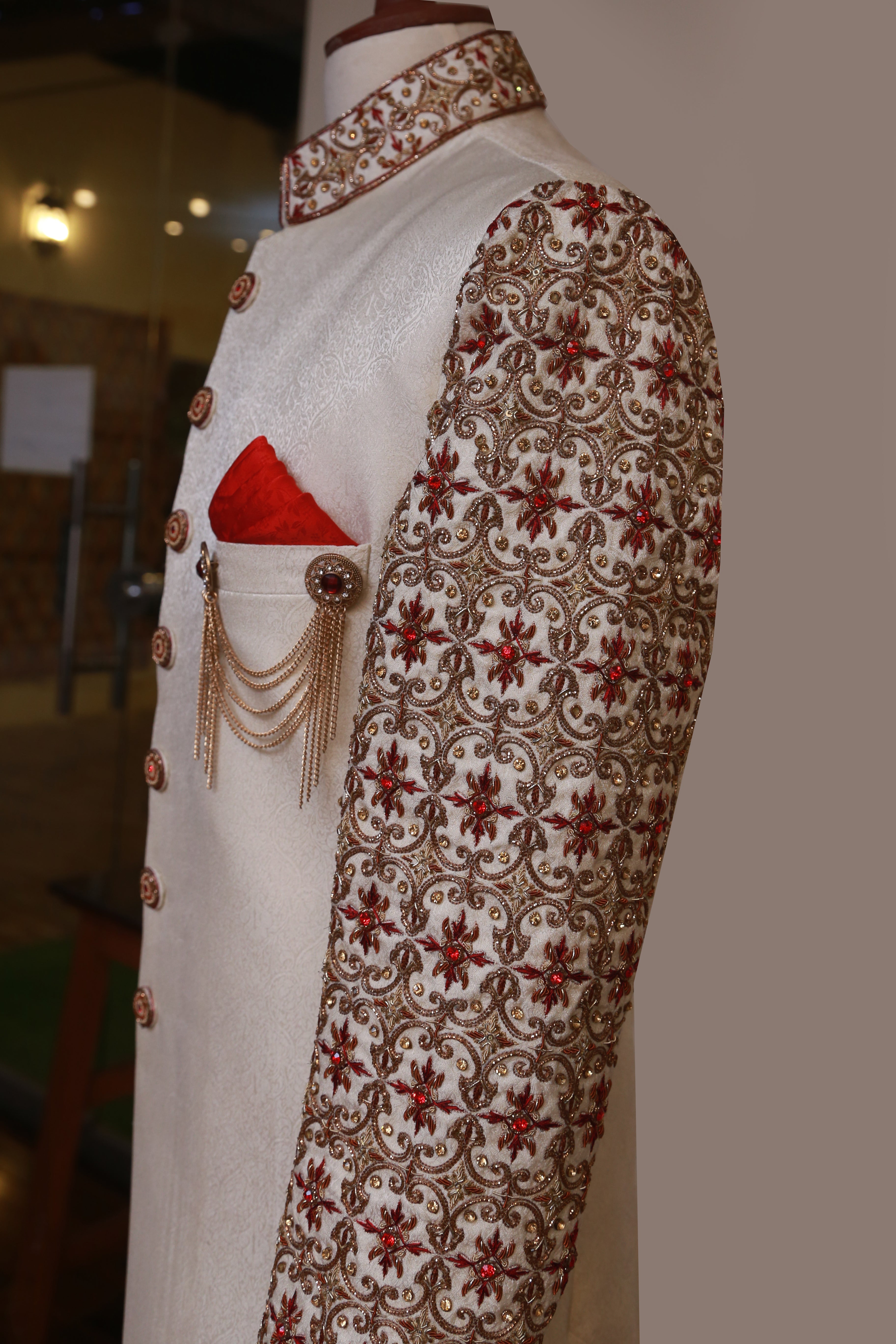 Royal Ivory White Antique Groom Sherwani Ivory White