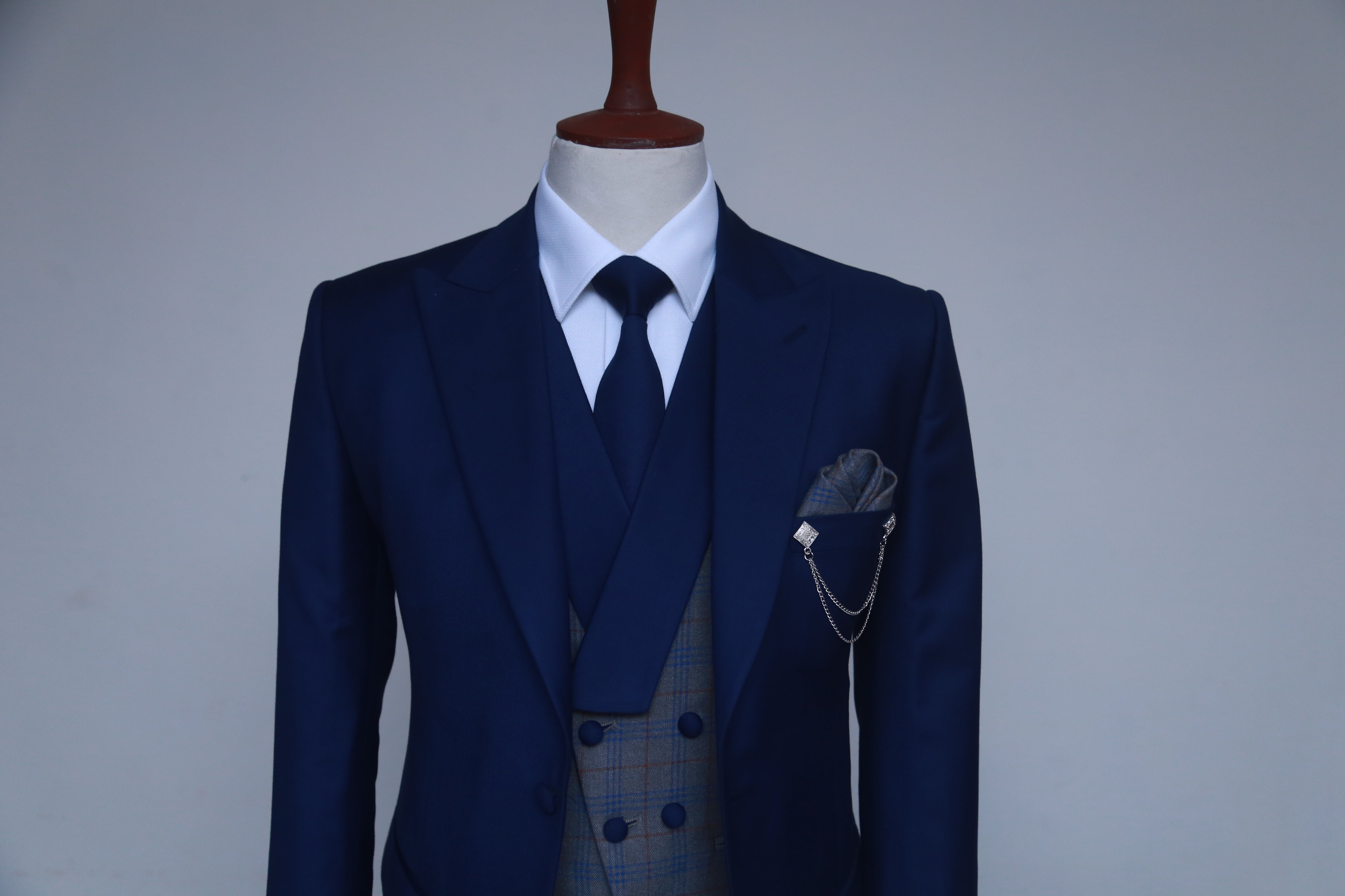 Luxury 3 Piece Blue Suit Contrast Grey