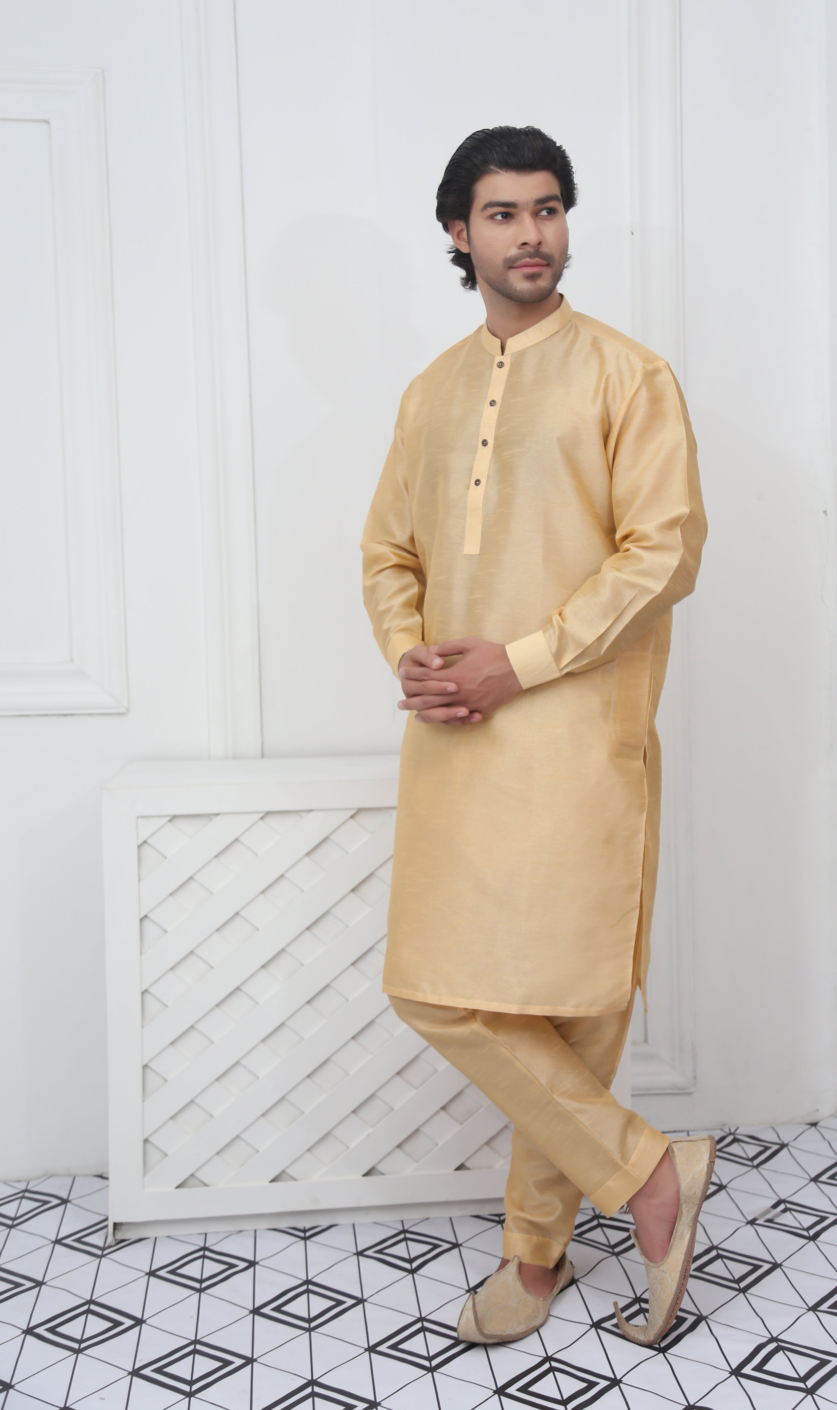 Classic Raw Silk Golden Kurta Pajama Rose Gold