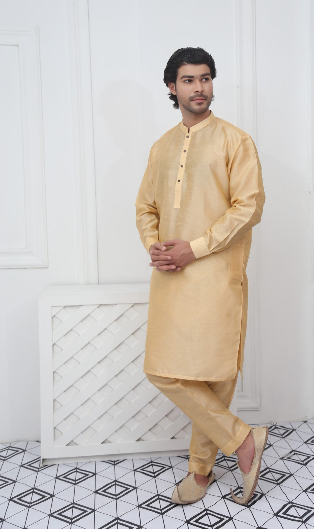 Classic Raw Silk Golden Kurta Pajama Rose Gold