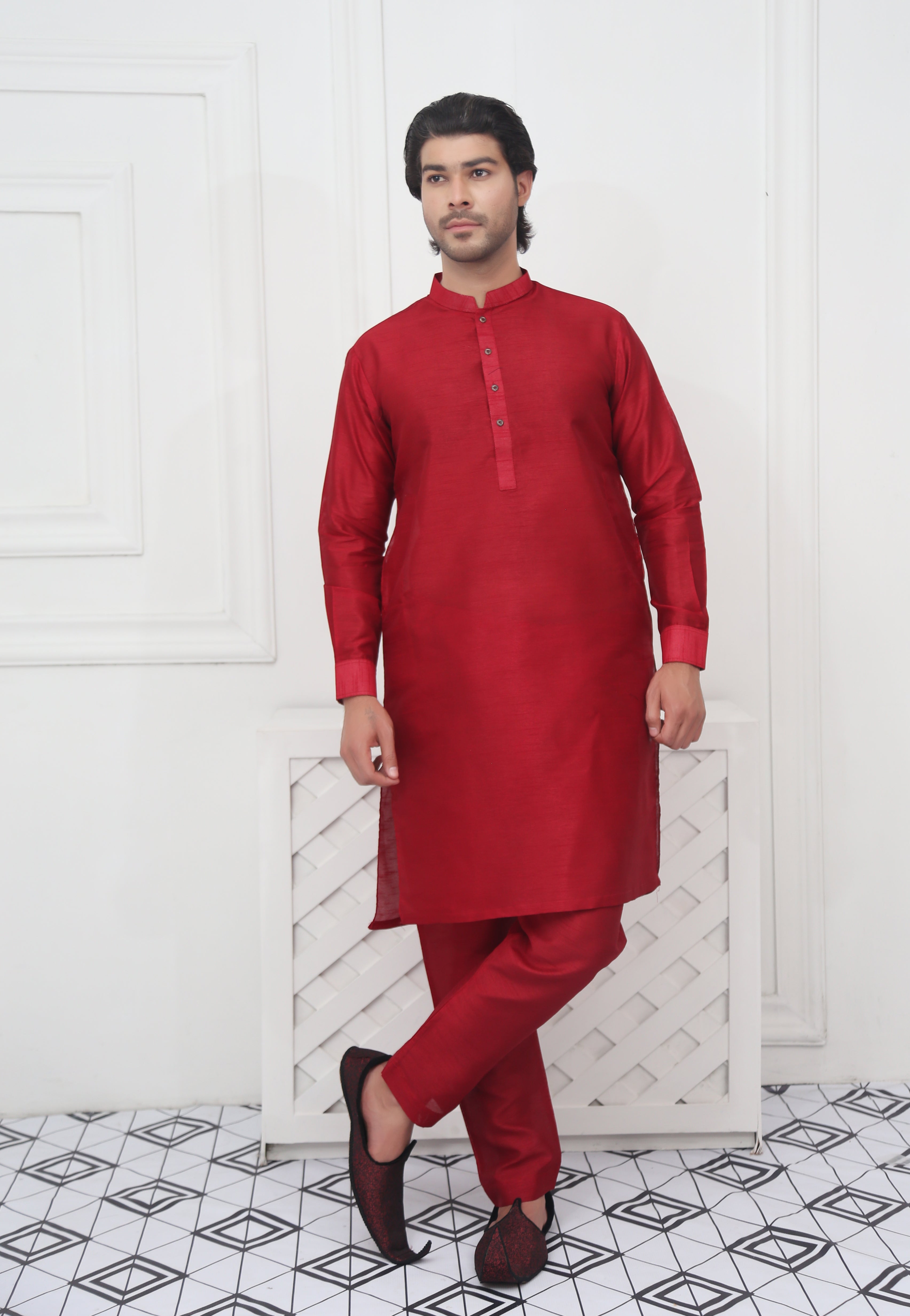 Classic Raw Silk Rose Red Kurta Pajama Rose Red