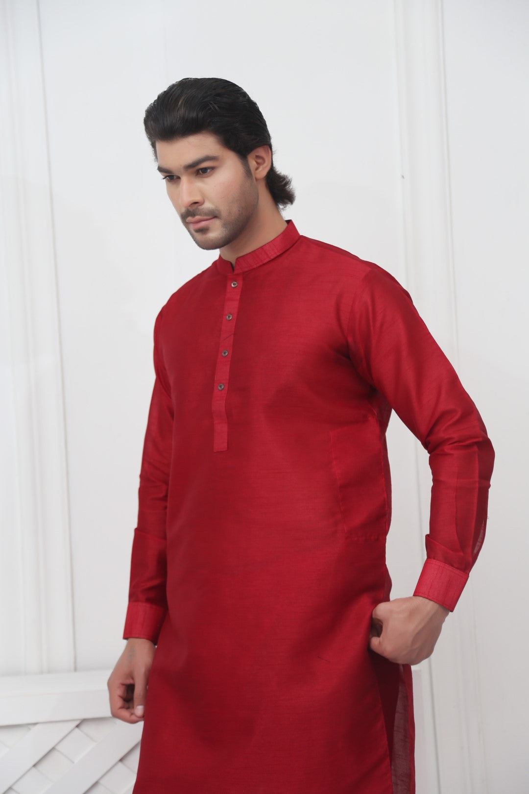 Classic Raw Silk Rose Red Kurta Pajama Rose Red
