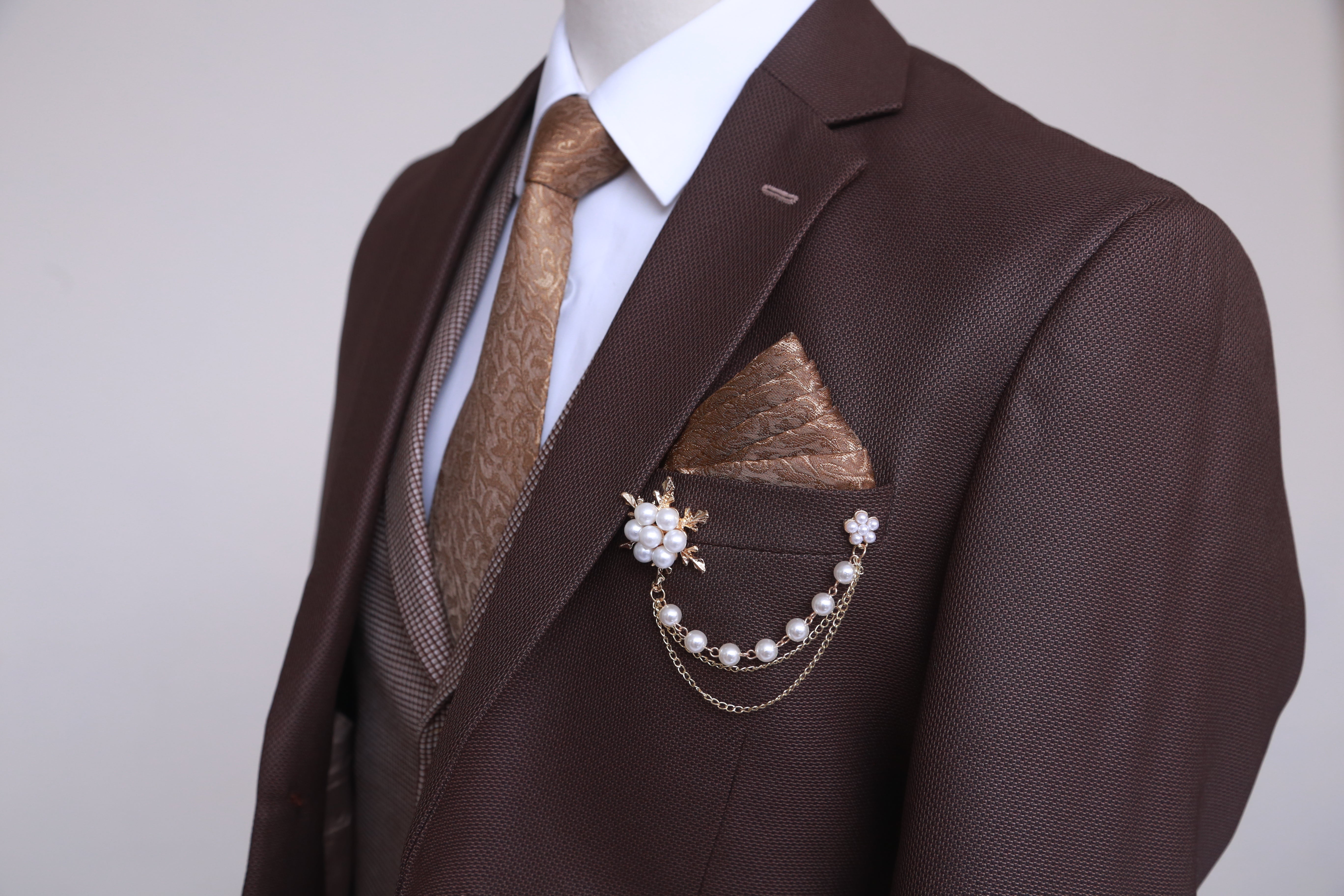Classic Brown 3 Piece Suit with Contrast Single Breasted Waistcoat