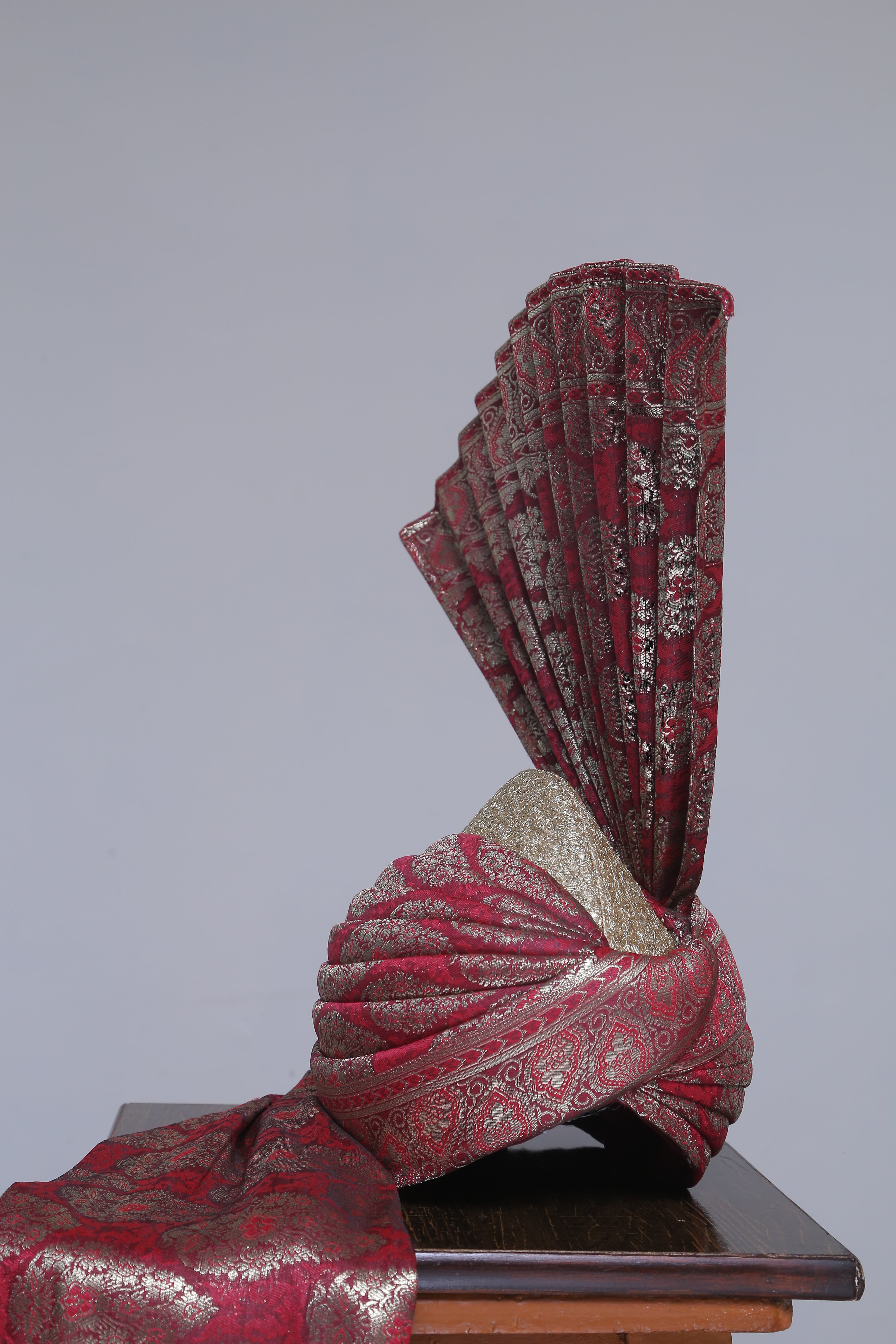 Jamawar Maroon Gold Chandi Cap Aitchison Turban