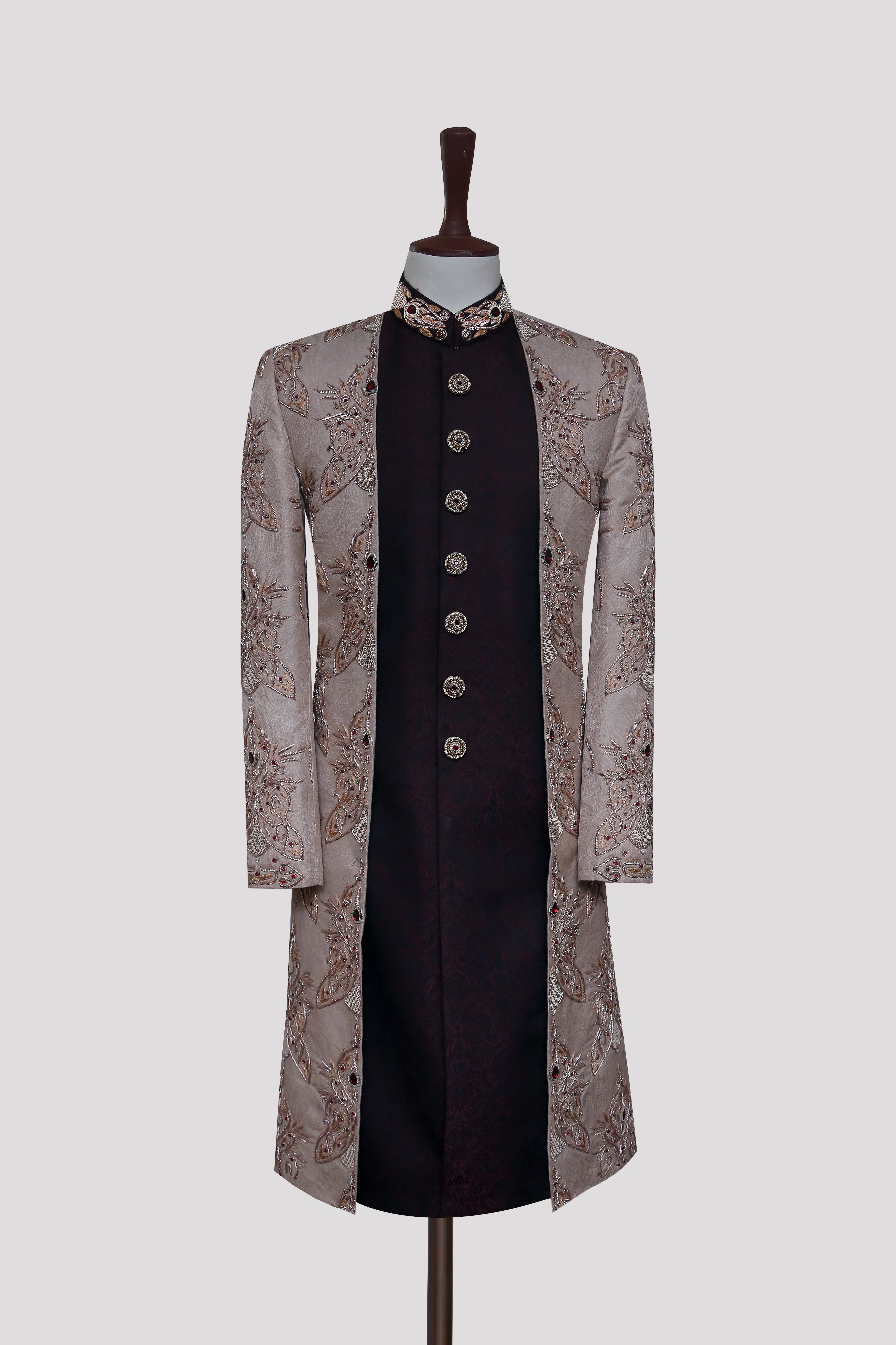 Luxury Antique Gown Style Sherwani Maroon and Gold