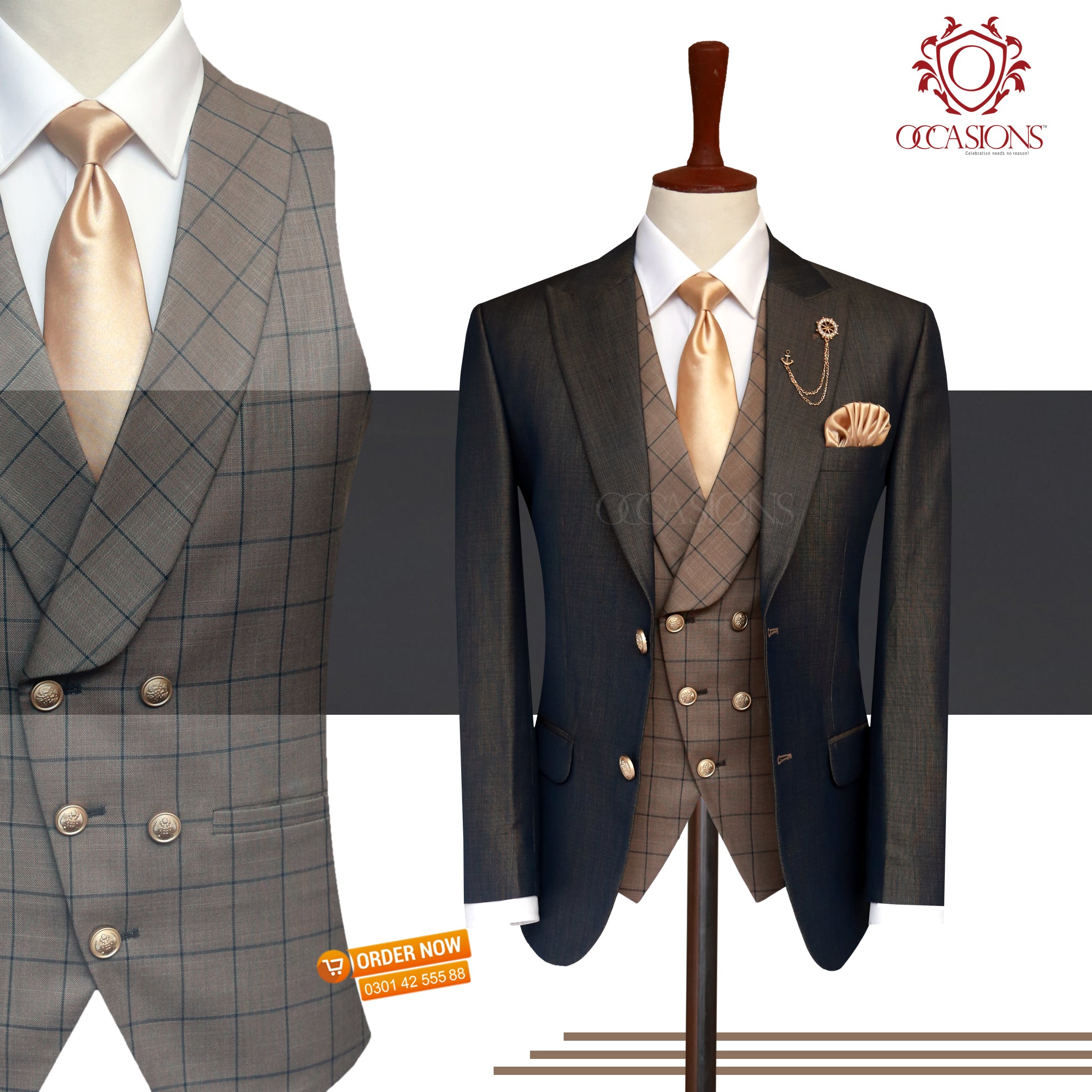 Elegant Brownish Green 3 Piece Suit