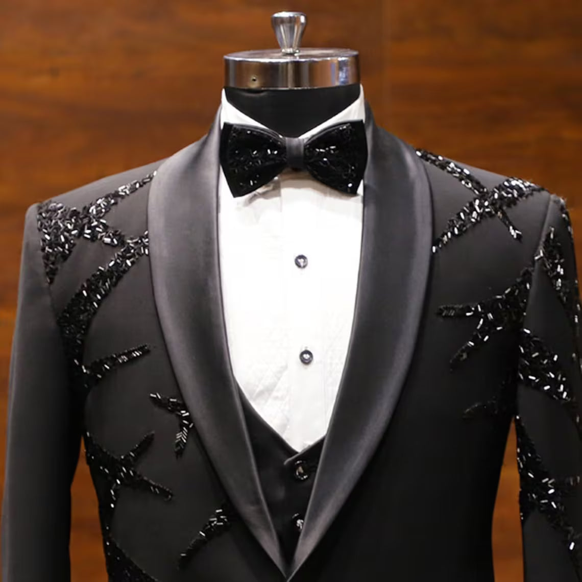 Designer Hand Embroidered Men's Black Wedding Three Piece Suit Black
