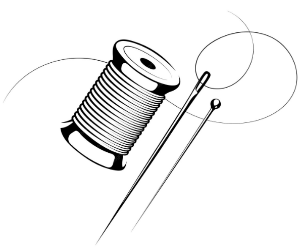 Black and white illustration of a spool of thread and a needle on a white background
