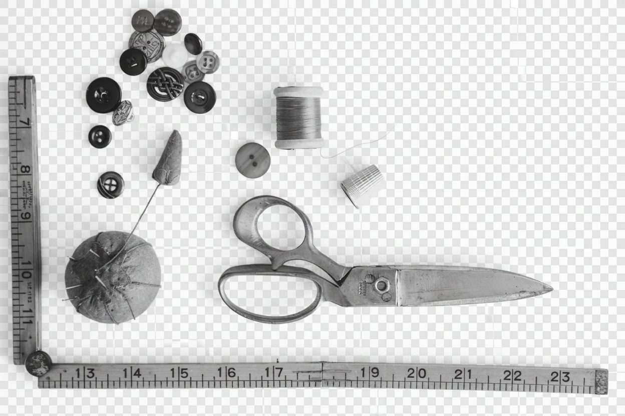 Sewing tools including scissors, thread, buttons, and a measuring tape on a light background