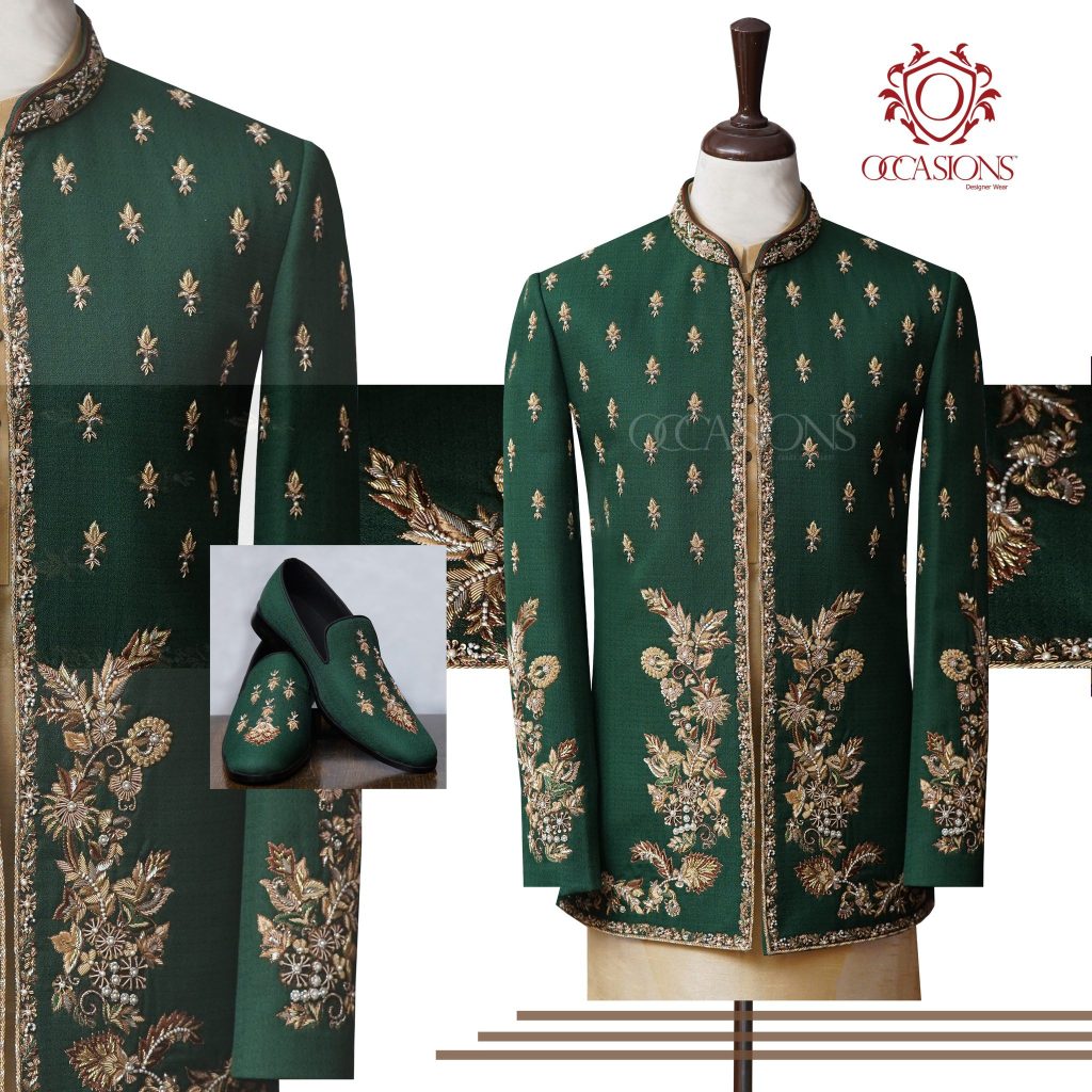 Luxury Green Prince Coat With Embellishment